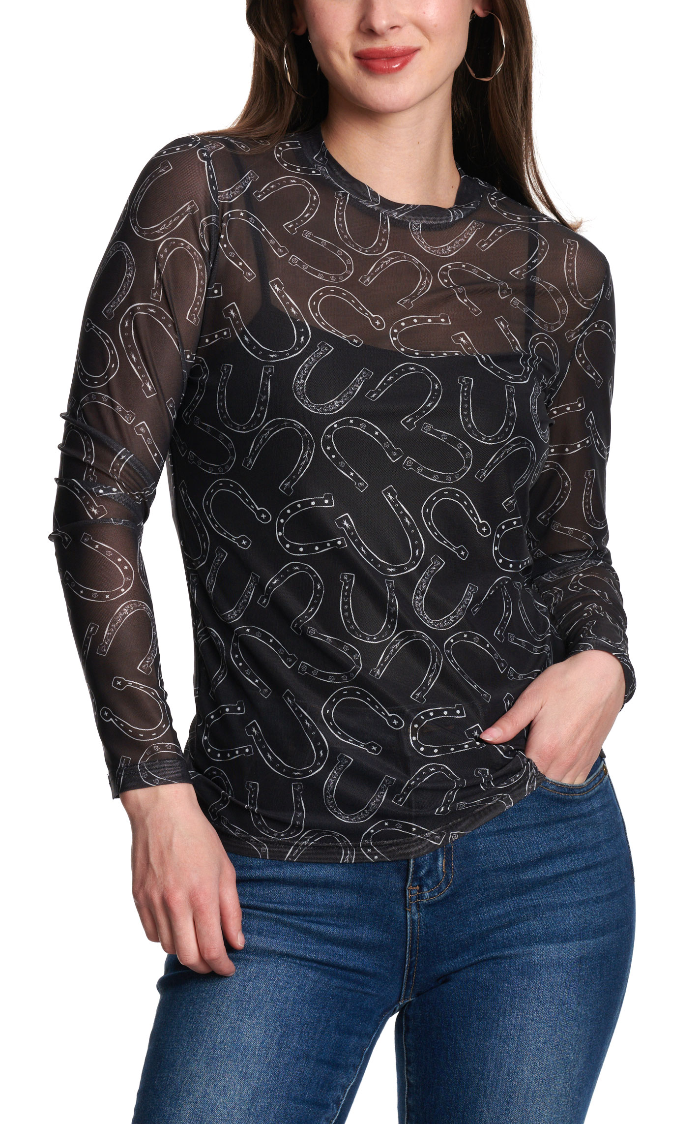 Merigold Kiss Women’s Black Horseshoe Print Mesh Shirt - Image 1