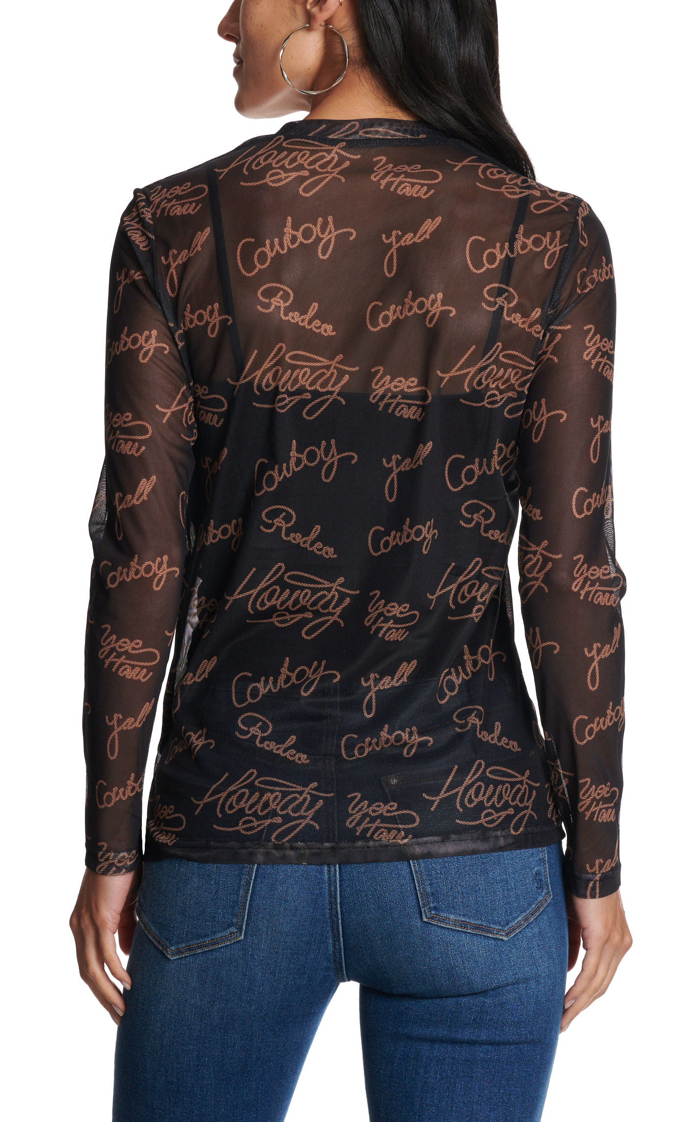 Turquoise Haven Women's Black Lasso Print Mesh Top - Image 1