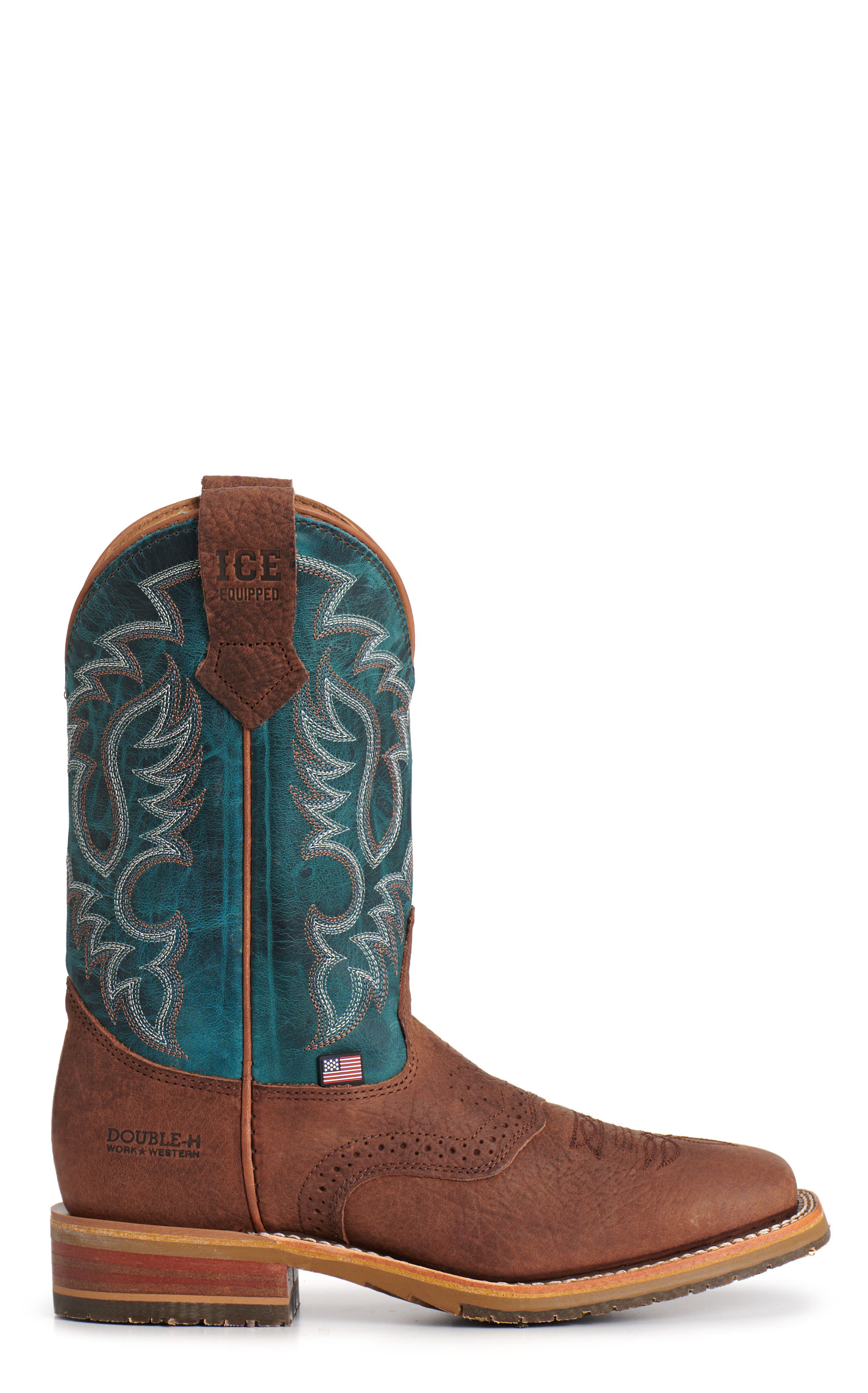 Double H Men’s Brown & Turquoise Square Toe Cowboy Boots - Image 1