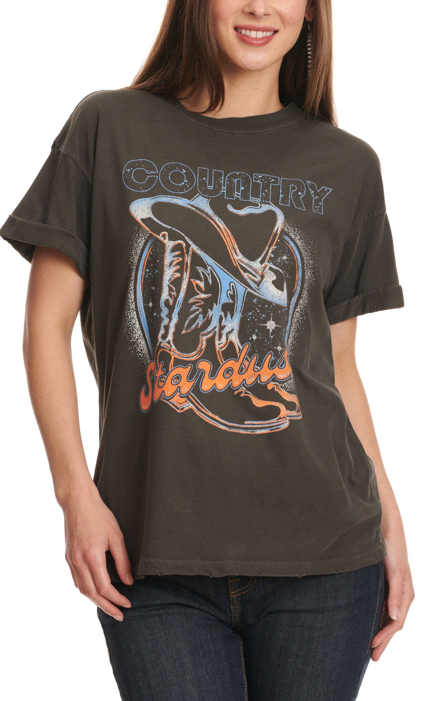 Girl Dangerous Women's Black Cowgirl Hat & Boots Stardust Graphic T-Shirt - Image 1