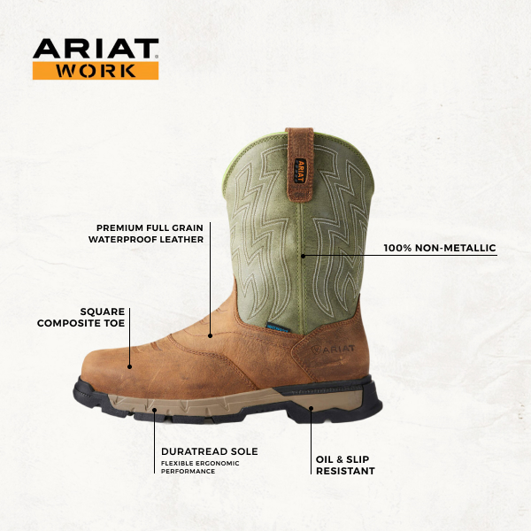 Ariat Men's Rebar Flex Brown and Olive Waterproof Wide Square Composite Toe Work Boot - Image 1