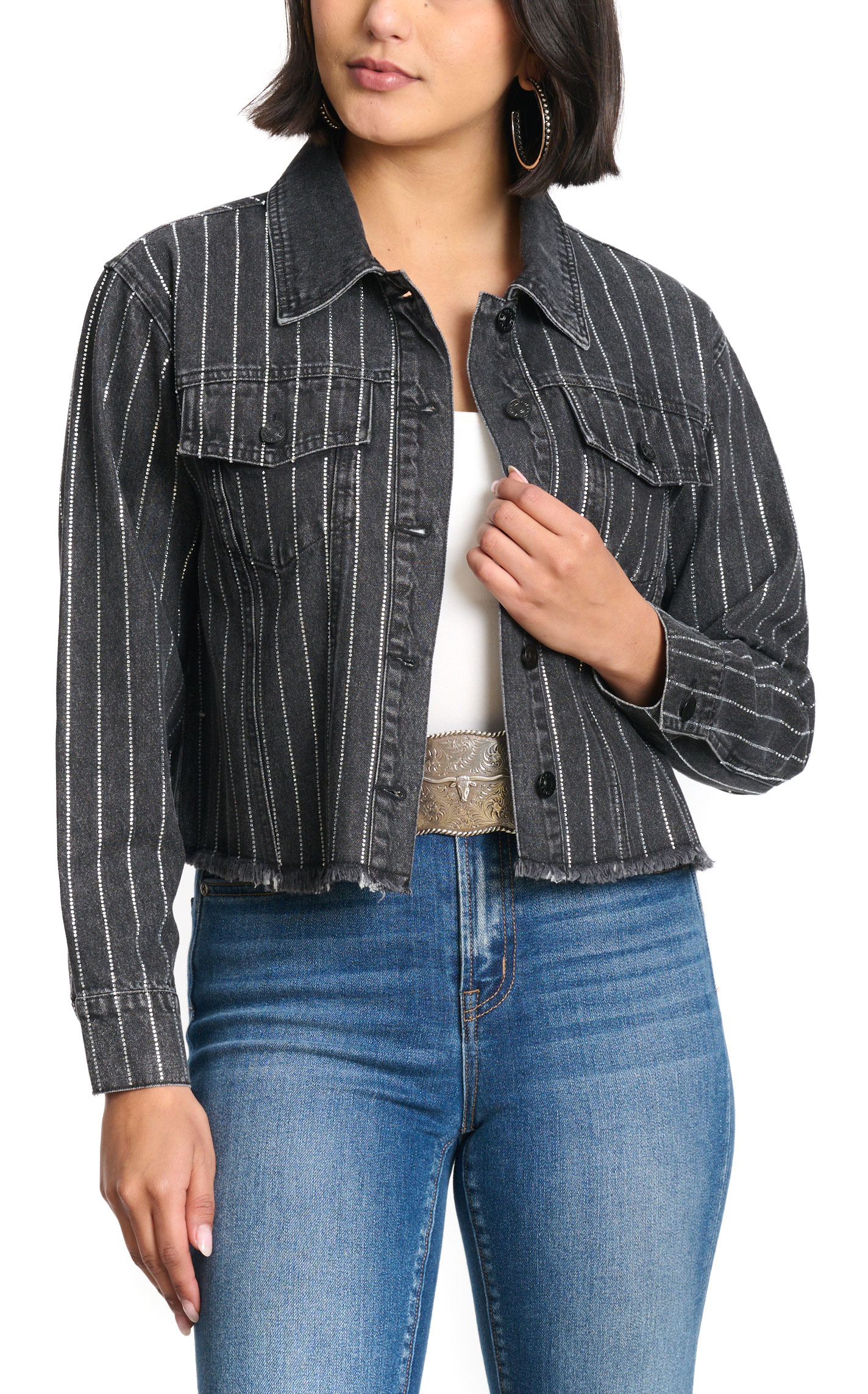 Blue B Women's Black Denim Silver Striped Jacket - Image 1