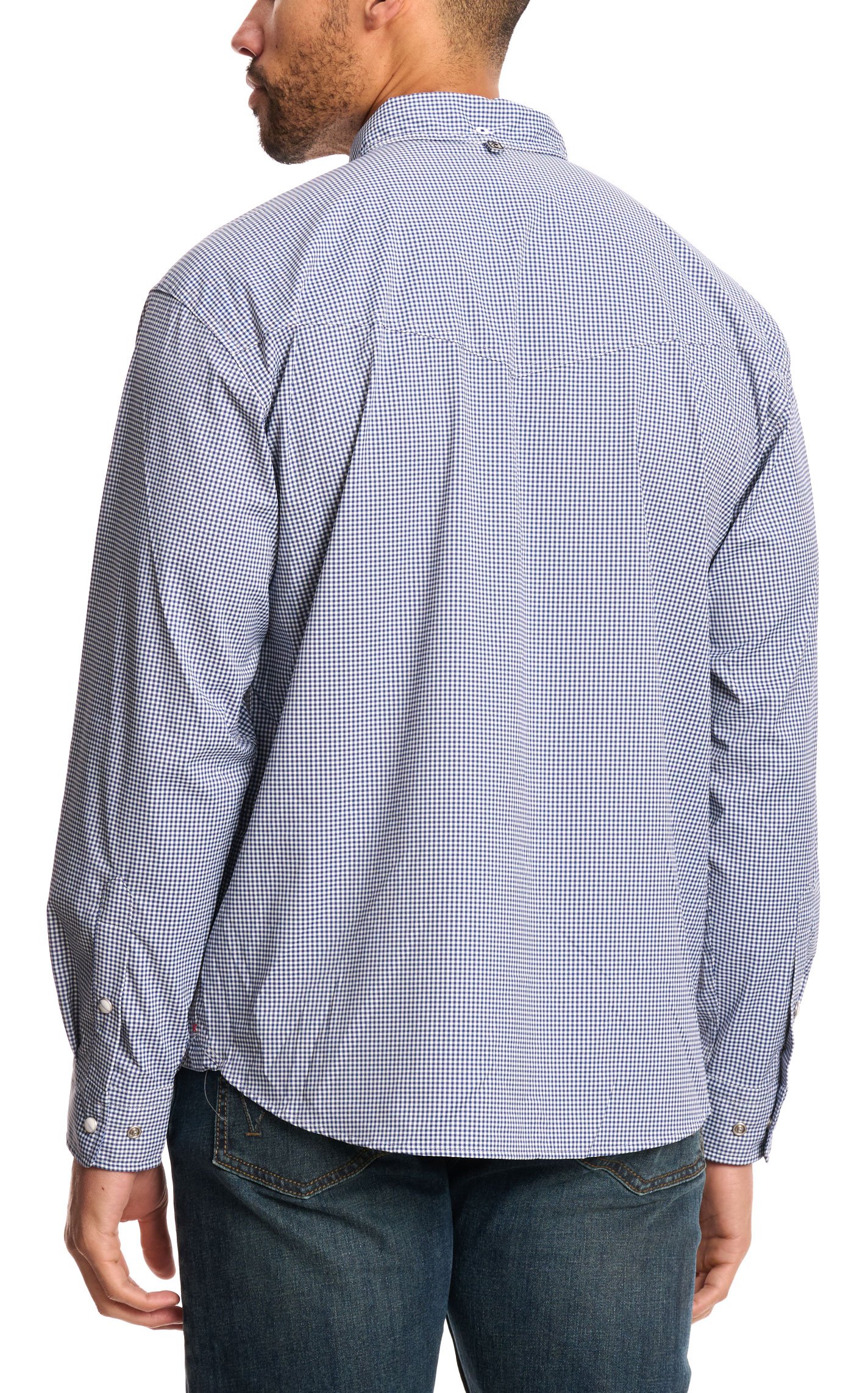 Rafter C Outdoors Men's Navy Gingham Lefty Fishing Shirt - Image 1