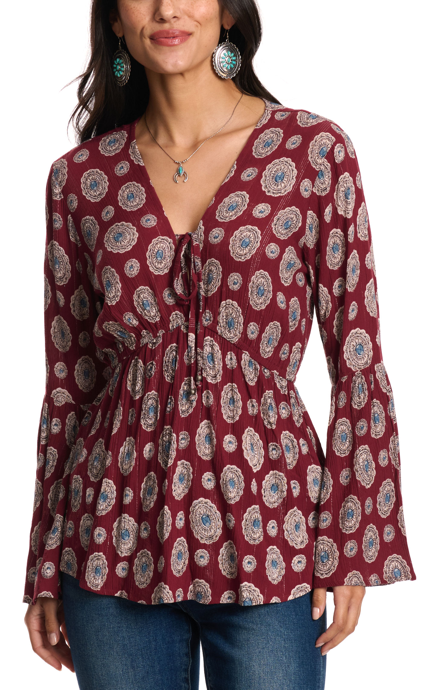 Rockin C Women's Burgundy Concho Print Top - Image 1