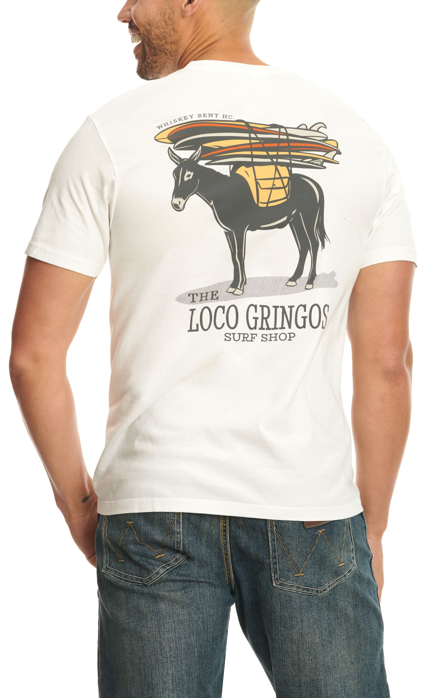 Whiskey Bent Hat Co. Men's White The Loco Gringos Surf Shop Logo Graphic Short Sleeve T-Shirt - Image 1