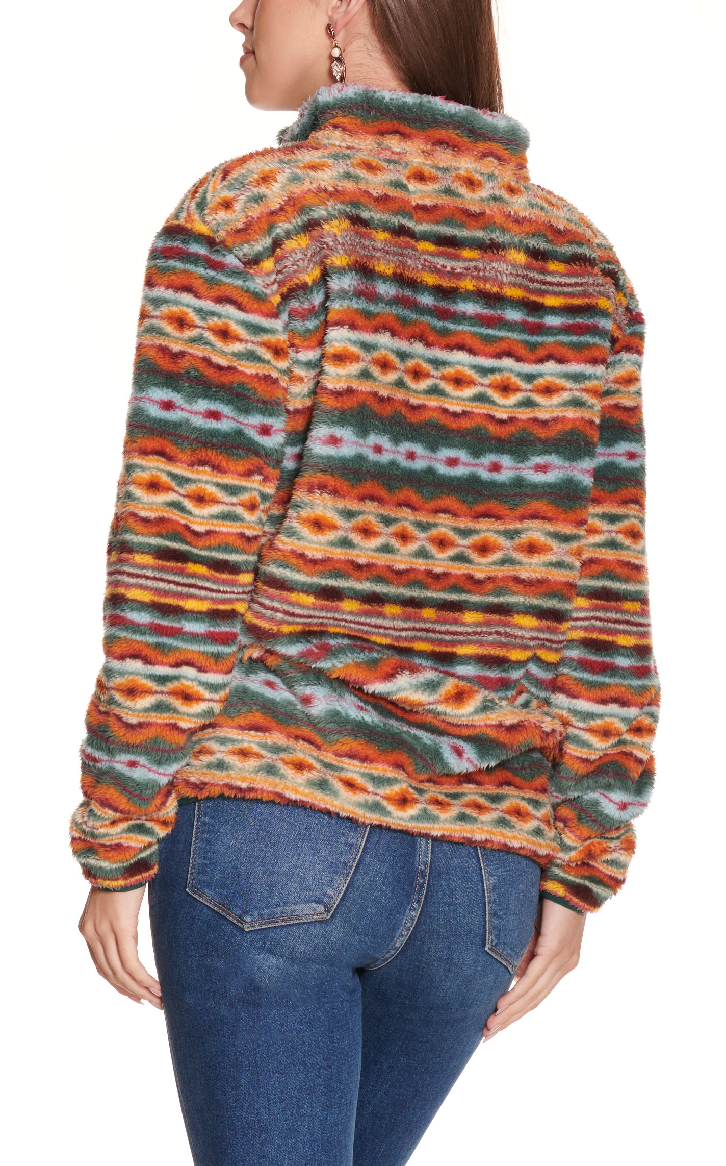 Rockin C Women's Dark Teal Orange Burgundy Print 1/4 Zip Long Sleeve Fleece Pullover - Image 1