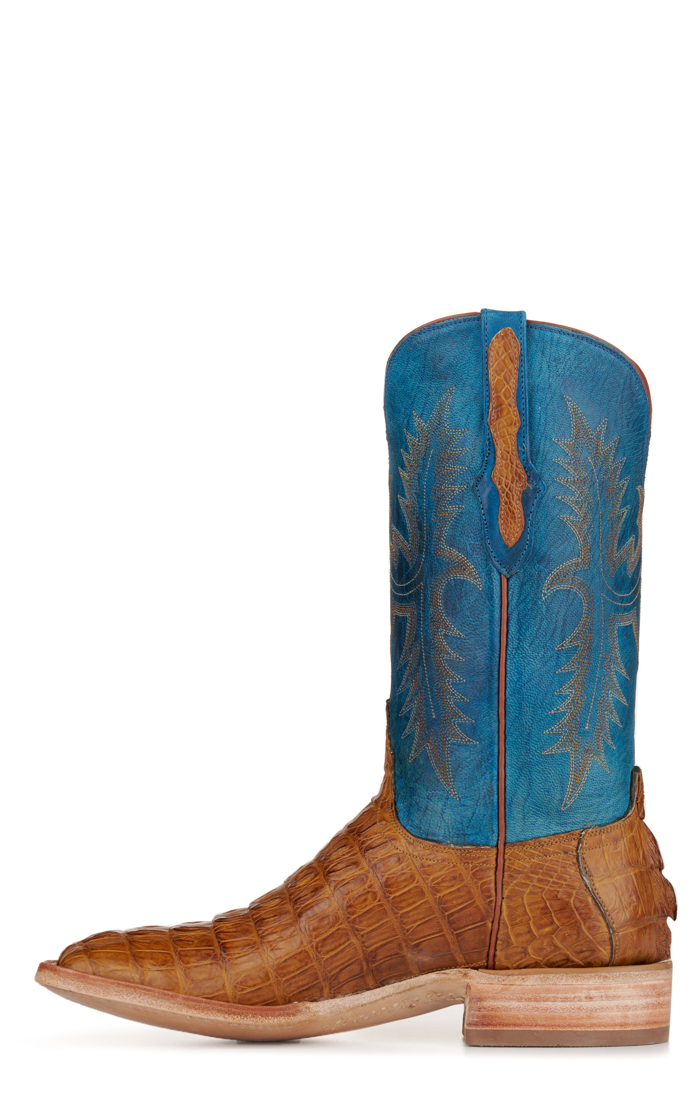 Black Jack Men's Blue and Cognac Caiman Tail Wide Square Toe Exotic Cowboy Boots - Image 1