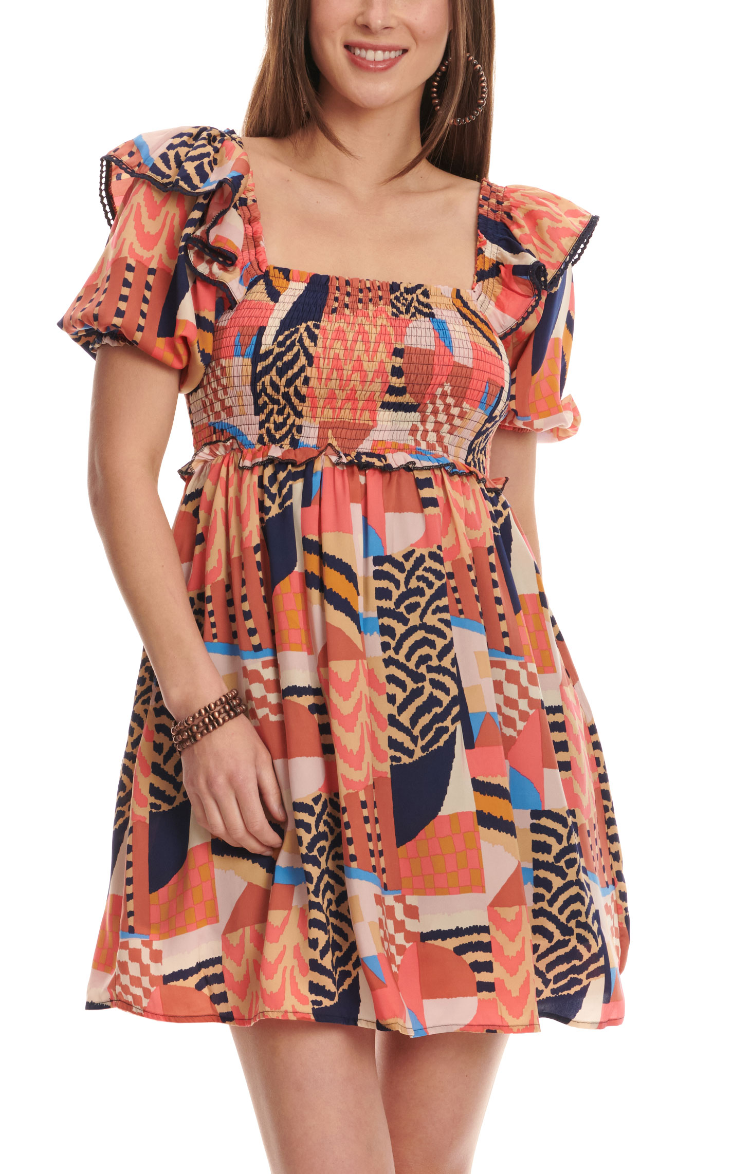 TCEC Women's Cinnamon Red & Navy Abstract Print Smocked Dress - Image 1