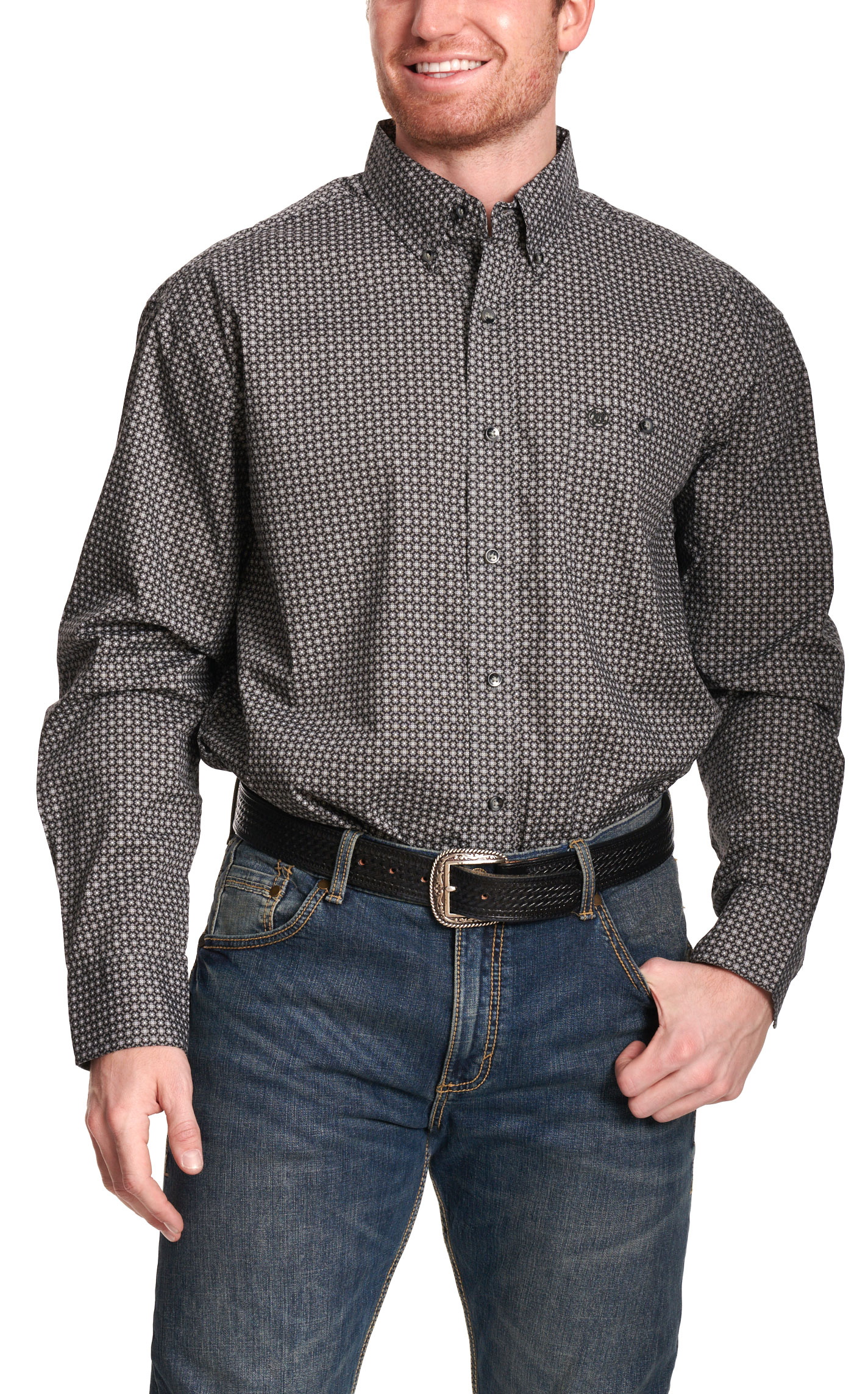 Wrangler Men's Classic Black & Gray Floral Geo Western Shirt - Image 1