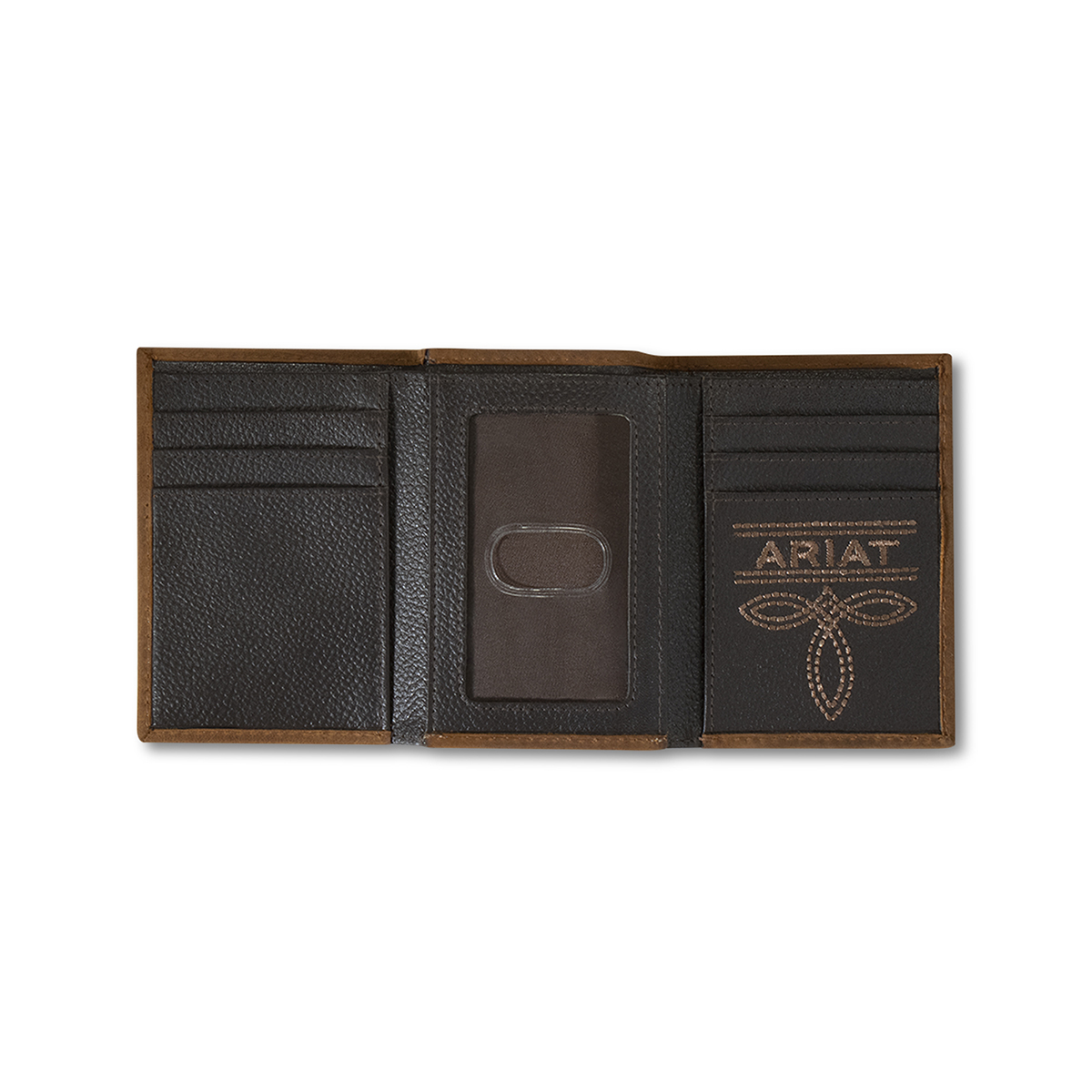 Ariat Tawny-Brown Leather & Flag Shield TriFold Wallet - Image 1