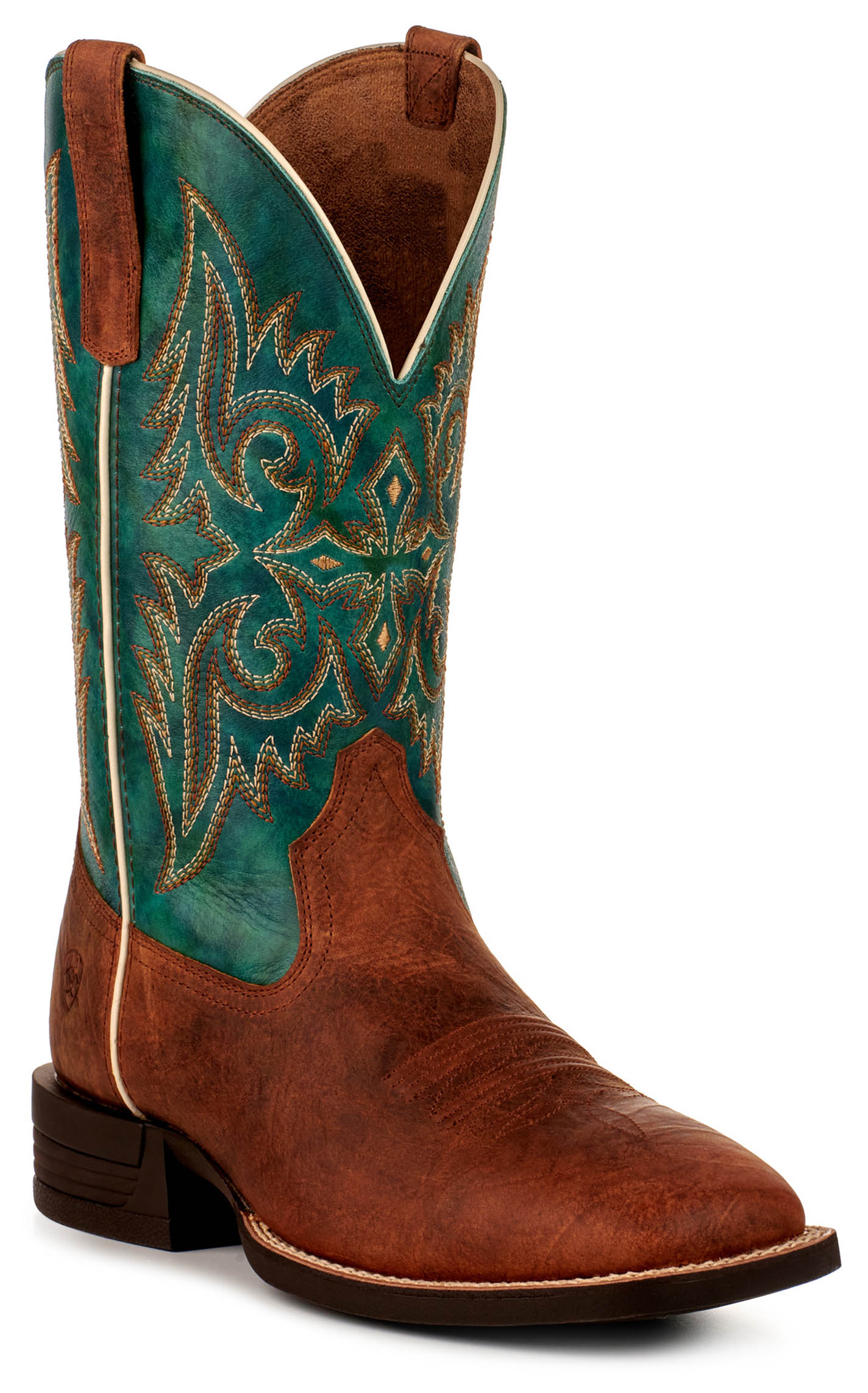 Ariat Men's Wild Thang Fiery Brown and Emerald Green Shock Shield Wide Square Toe Cowboy Boots - Image 1