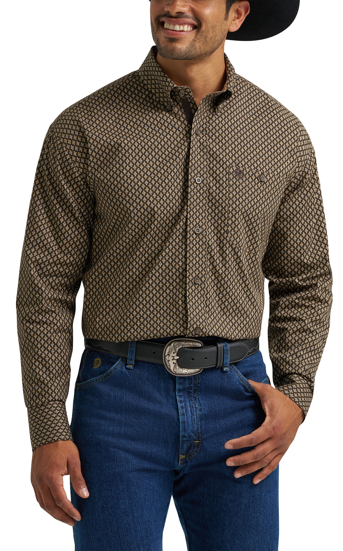 George Strait Men's Brown & Tan Geo Print Western Shirt - Image 1