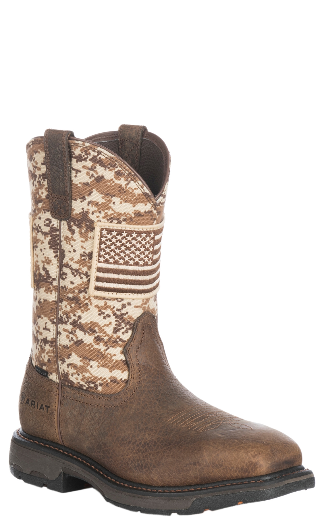 Ariat Men's WorkHog Patriot Earth Brown and Sand with Flag Patch Square Steel Toe Work Boot - Image 1