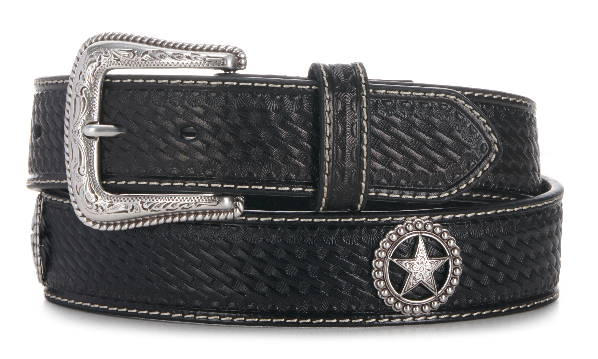 Cavender's Men's Black Basket Weave & Silver Star Concho with Etched Silver Buckle Western Belt - Image 1