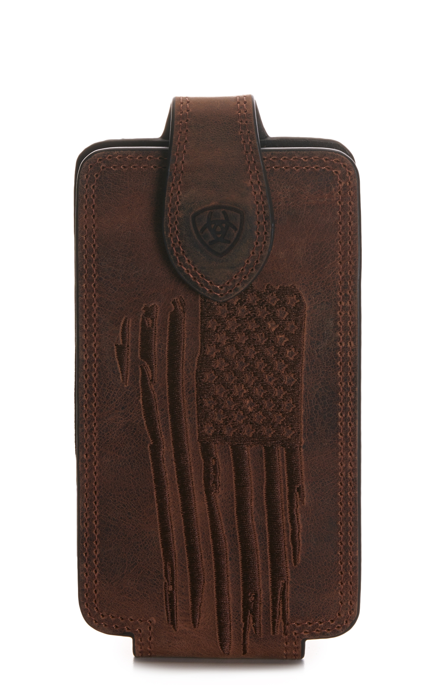 Ariat Brown Leather with Embossed Flag Large Clip-On Cell Phone Case - Image 1
