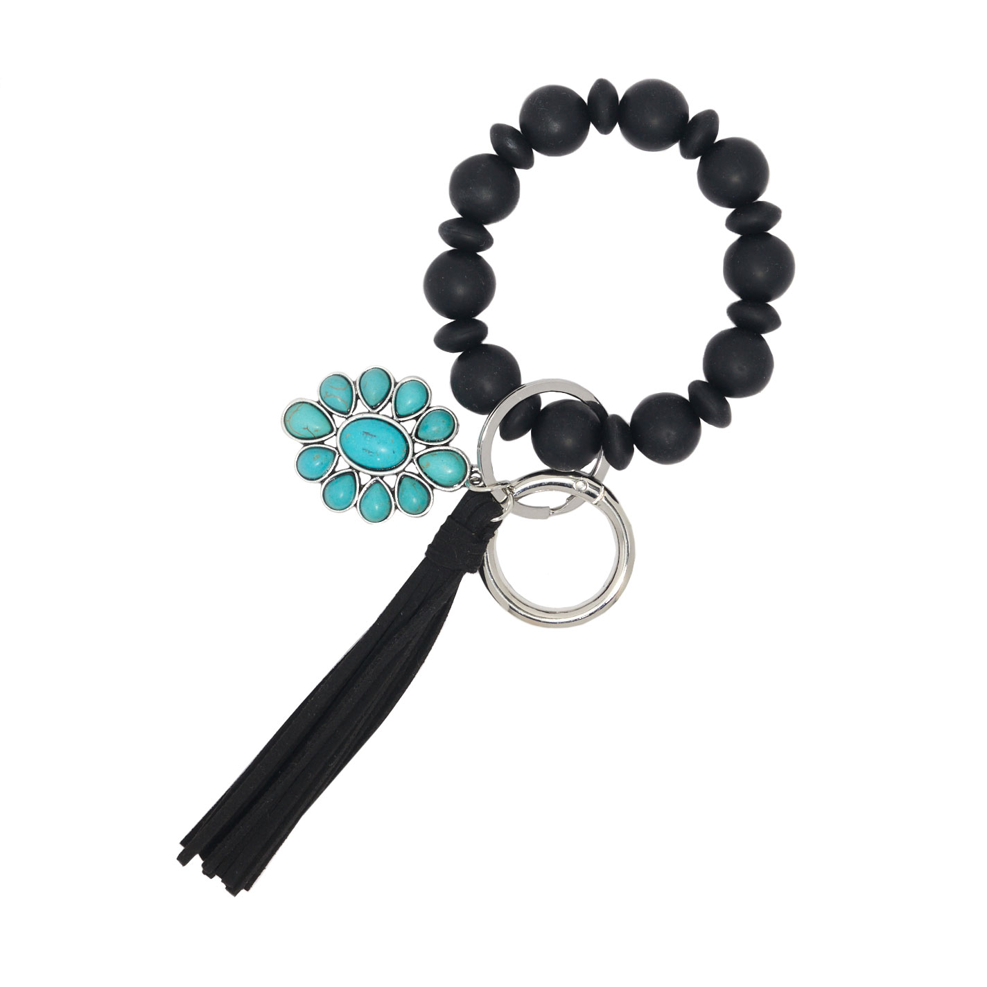 RNZ Imports Black Beaded Bracelet Keyring with Turquoise and Silver Concho - Image 1