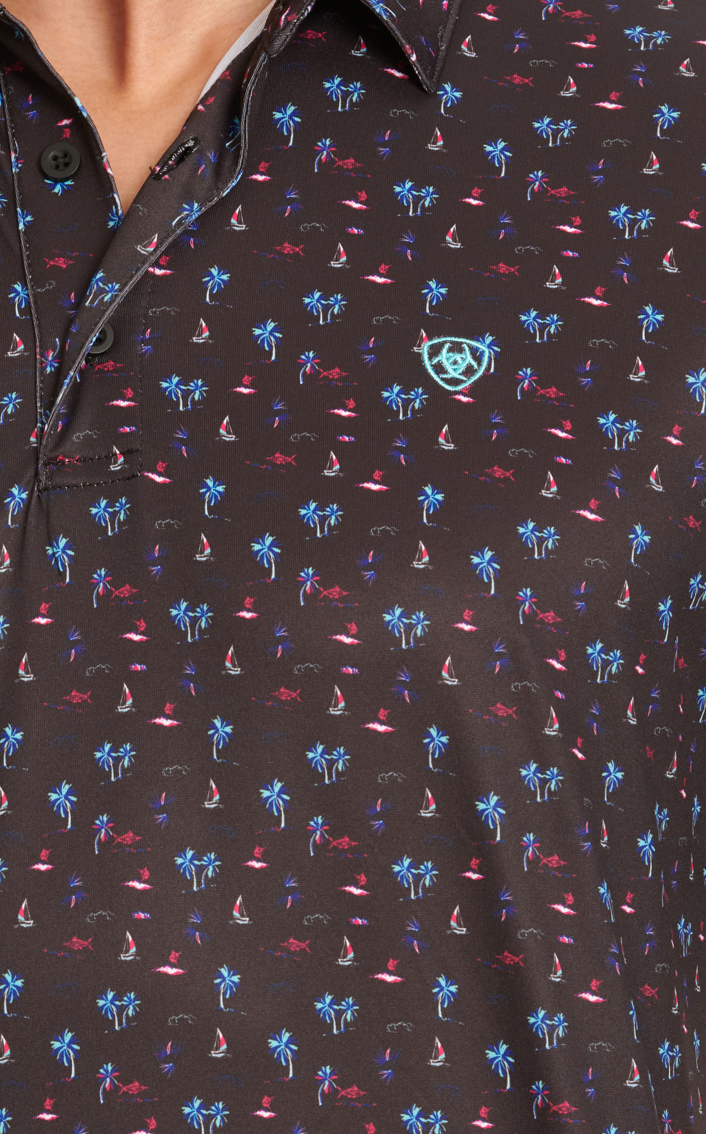Ariat Men's Black & Tropical Beach Print Tek Polo Shirt - Image 1