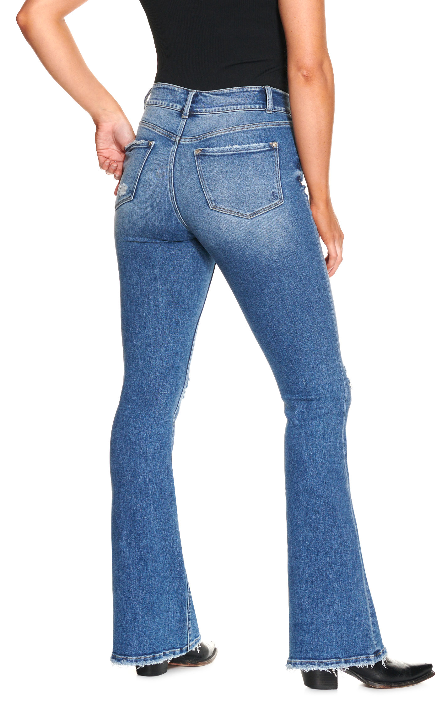 Rockin’ C Women’s Light Wash Distressed Double Button High Rise Flare Jeans - Image 1