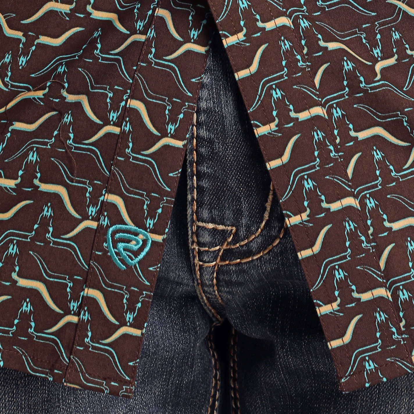 Rock & Roll Denim Men's Chocolate & Longhorn Print Western Shirt - Image 1