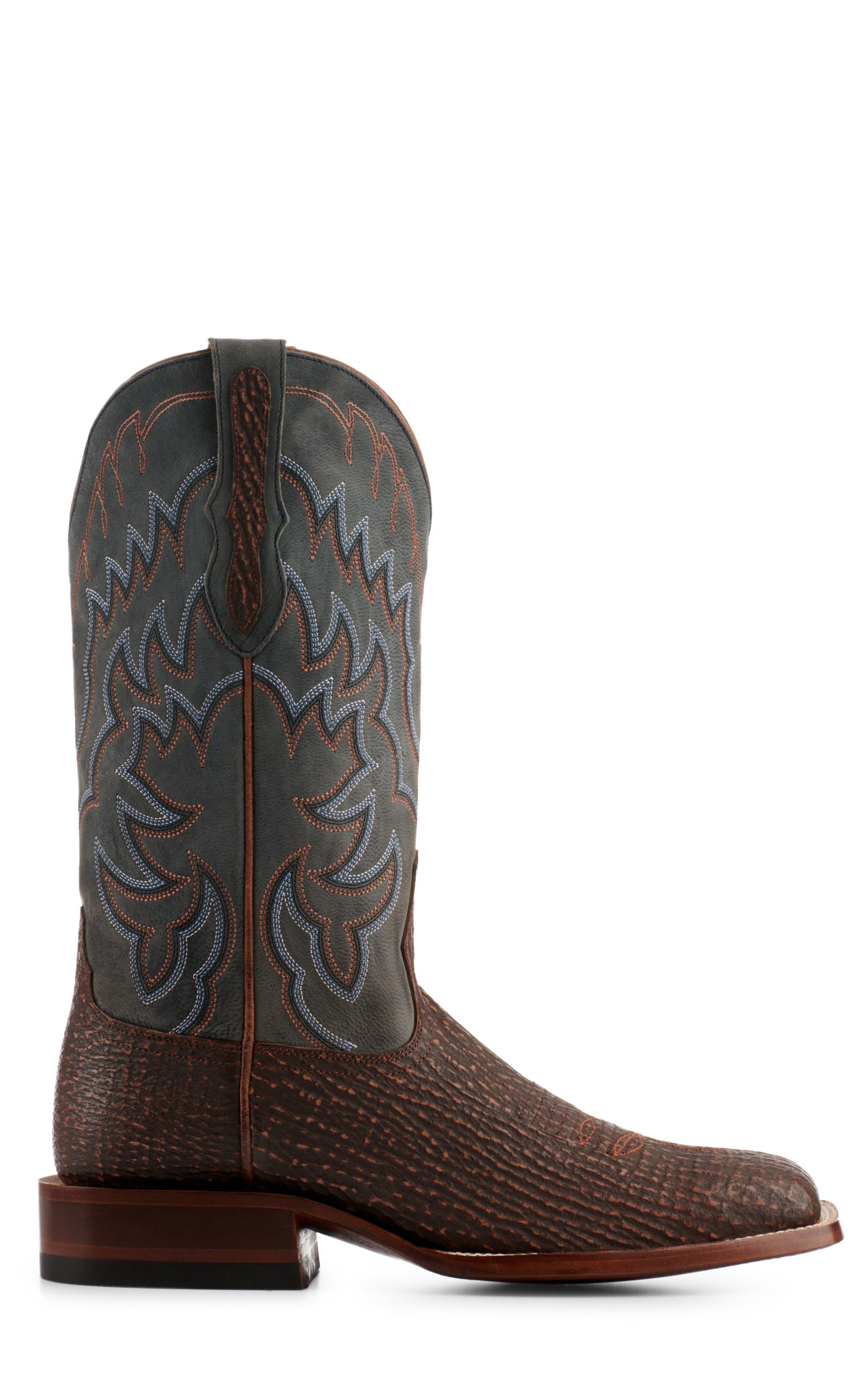 Cavender’s Men’s Rustic Brown Shark and Blue Goat Wide Square Toe Cowboy Boots - Image 1