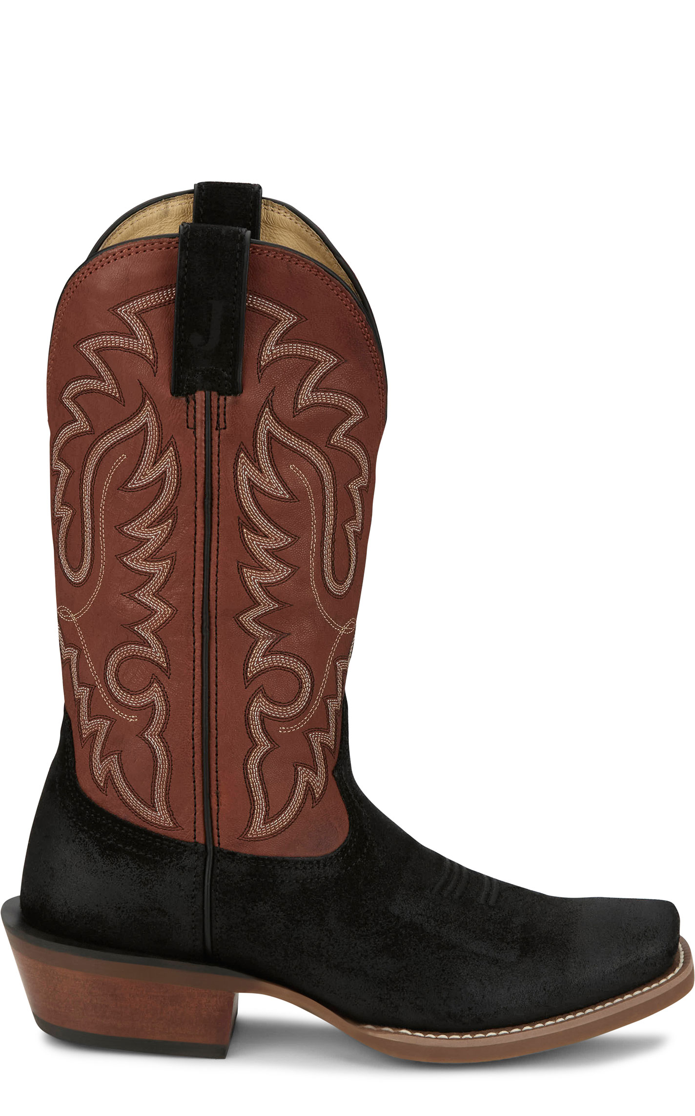 Justin Men’s Frontier Black Suede & Orange Goat Punchy Toe Cowboy Boots - Image 1