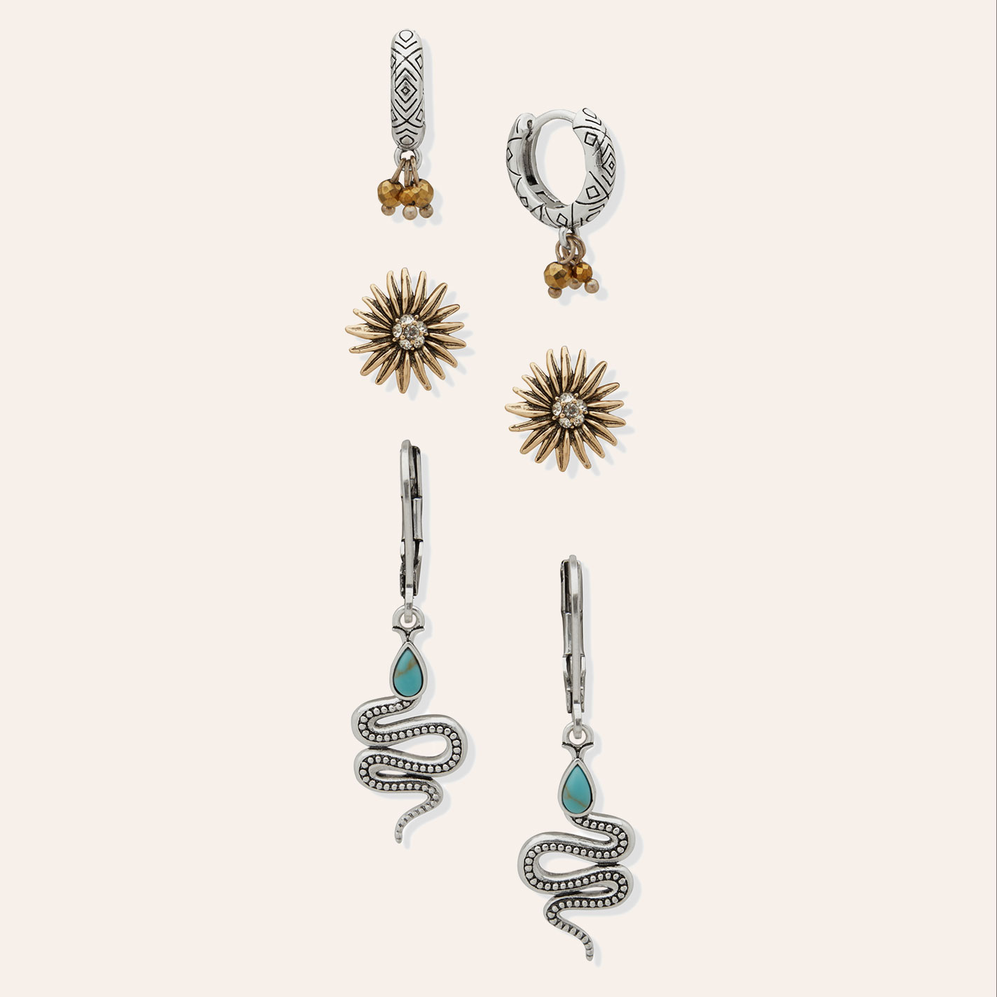 Lainey Wilson Silver Gold & Turquoise Dangling Snakes 3-Piece Earring Set - Image 1