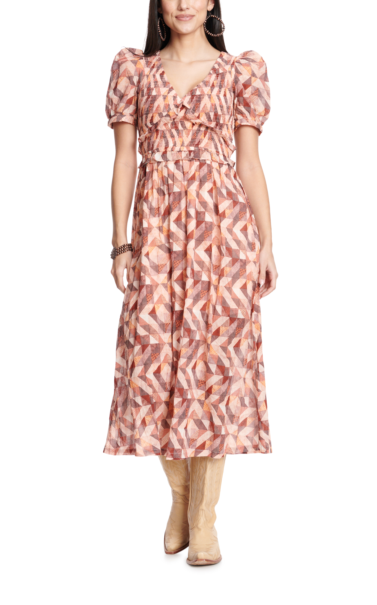 TCEC Women's Peaches & Chocolate Triangle Patchwork Smocked V-Neck Short Puff Sleeve Dress - Image 1