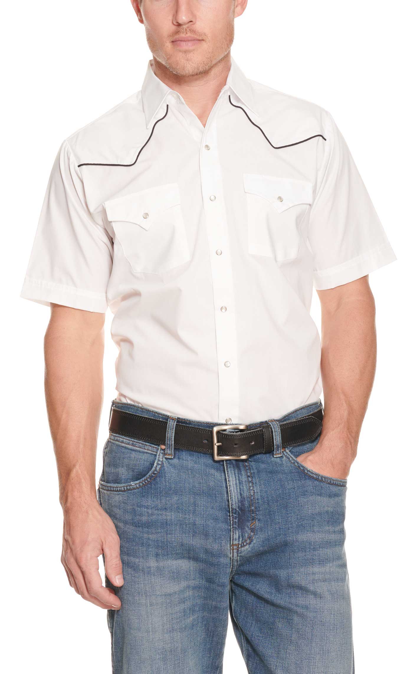 Ely Cattleman Men's White with Black Piping Short Sleeve Fashion Shirt - Image 1