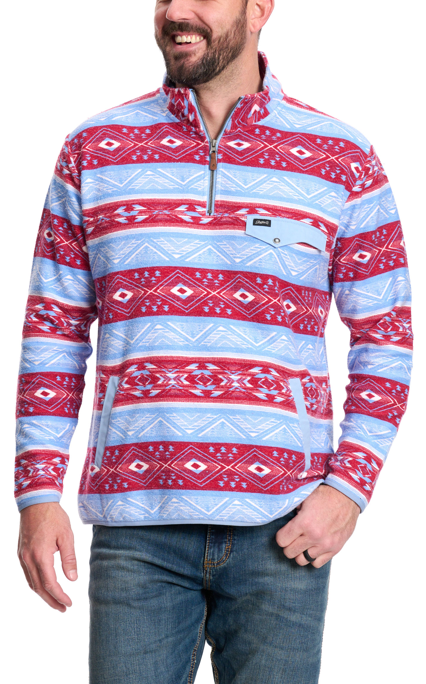 Rafter C Men's Red Dirt Collection Cherry & Sky Aztec 1/4 Zip Pullover - Image 1