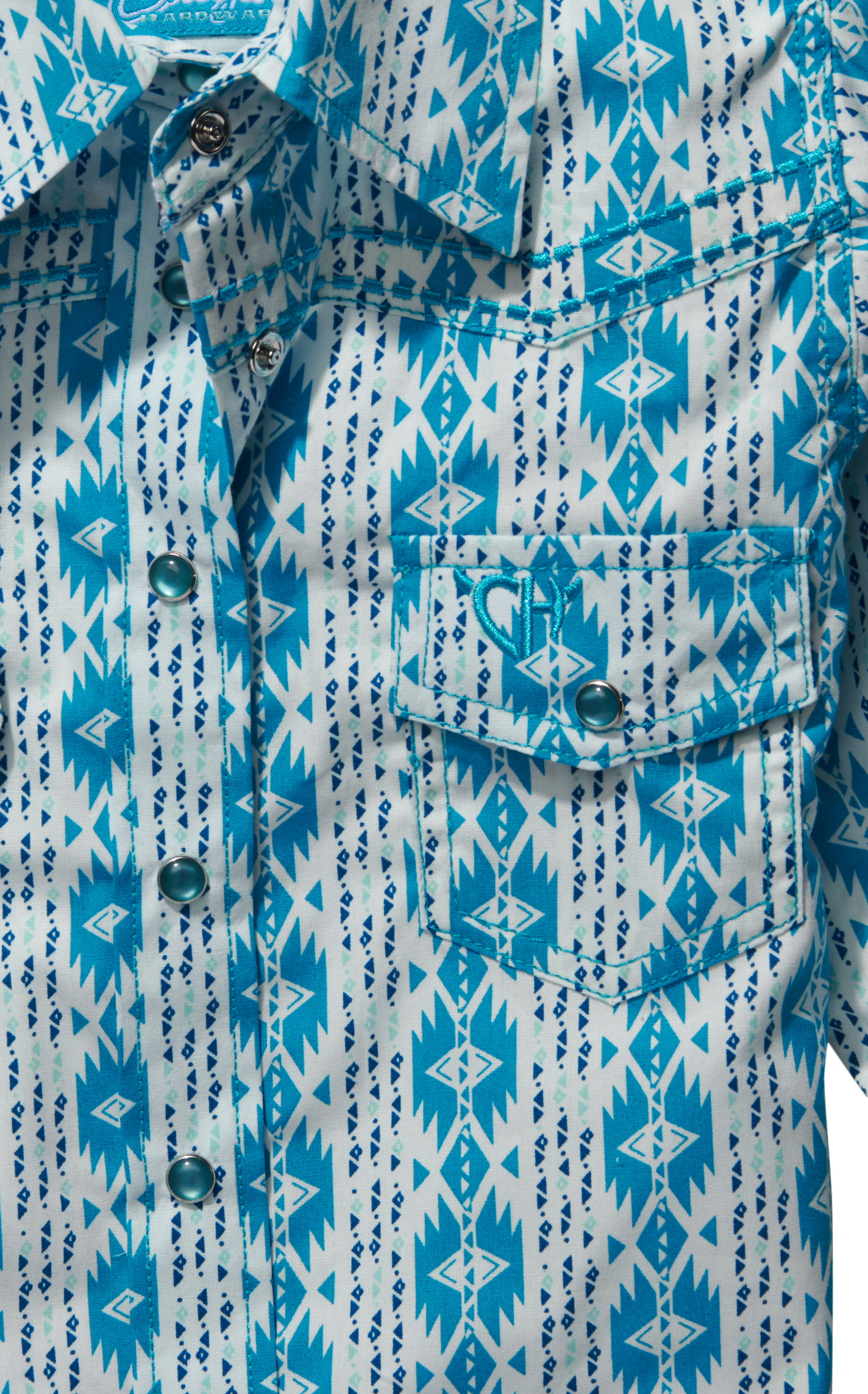 Cowgirl Hardware Toddler Girl's White & Turquoise Aztec Print Long Sleeve Western Shirt - Image 1