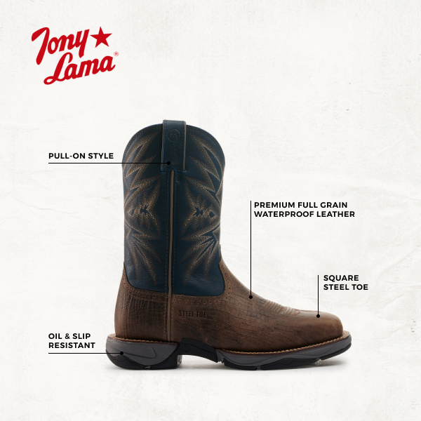 Tony Lama Bartlett Stone Brown and Blue Square Steel Toe Work Boots - Image 1