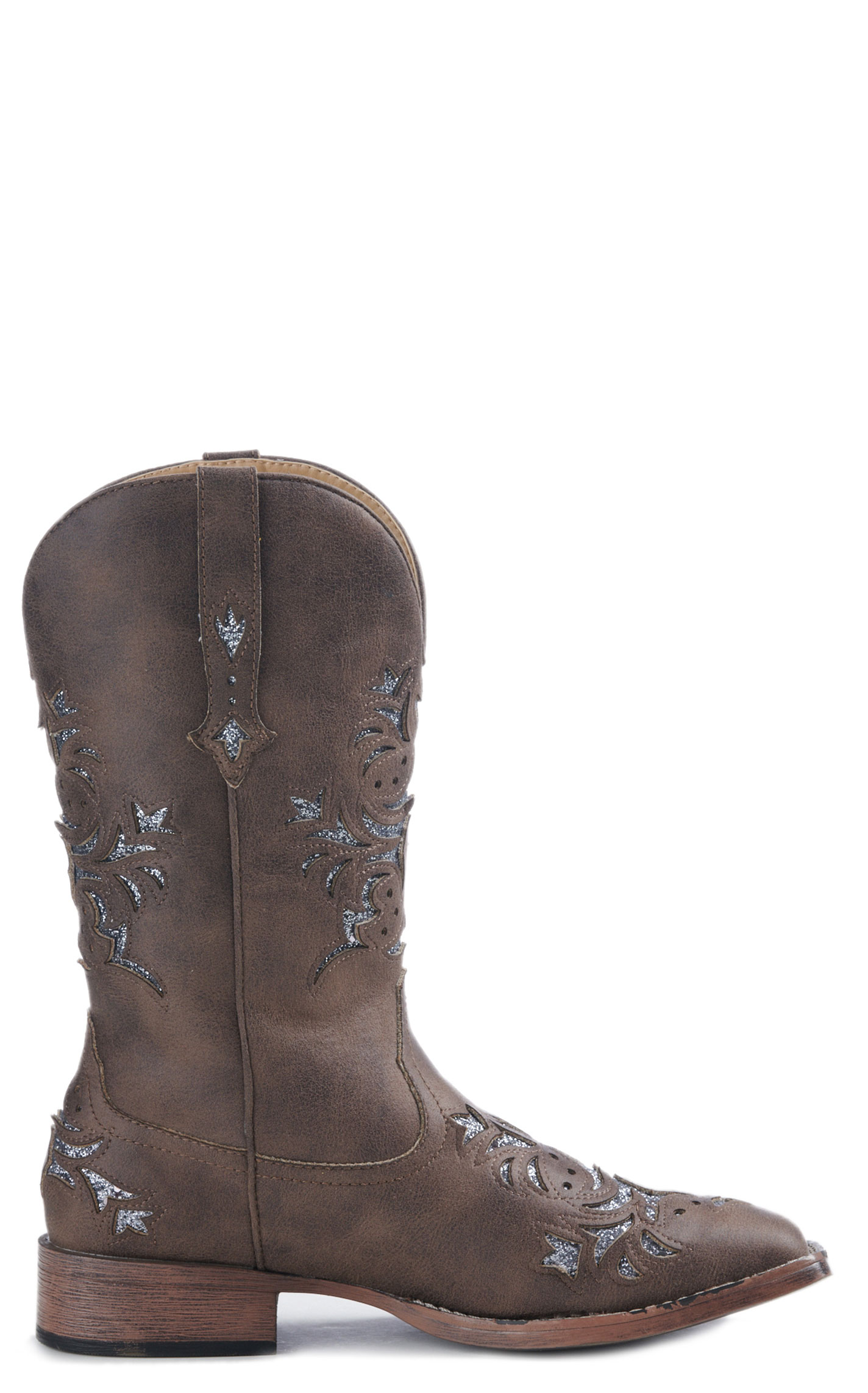 Roper Women's Brown Faux Leather with Metallic Silver Glitter Inlay Square Toe Cowboy Boot - Image 1