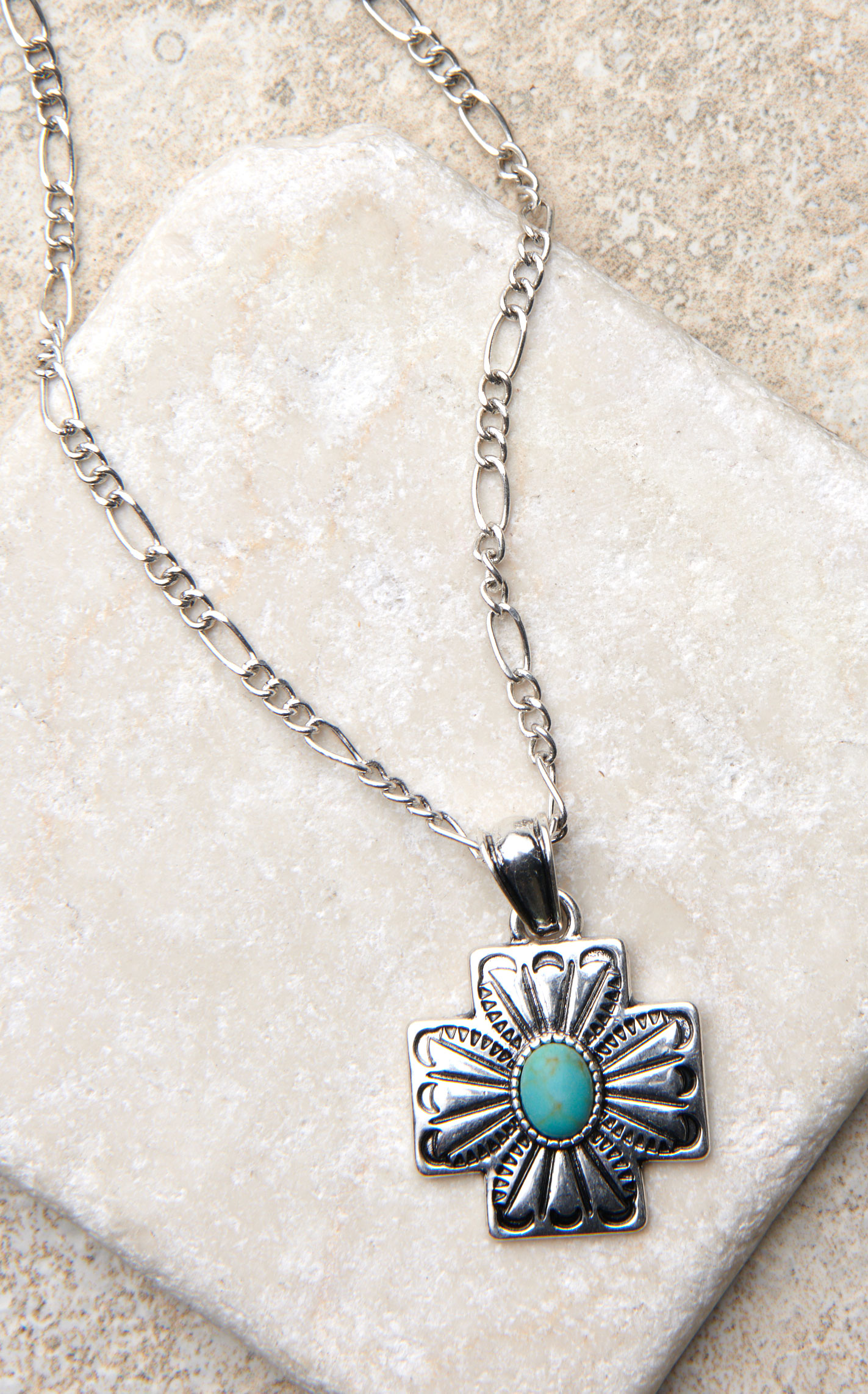 Justin Silver Square Cross Turquoise Pendant Necklace - Image 2