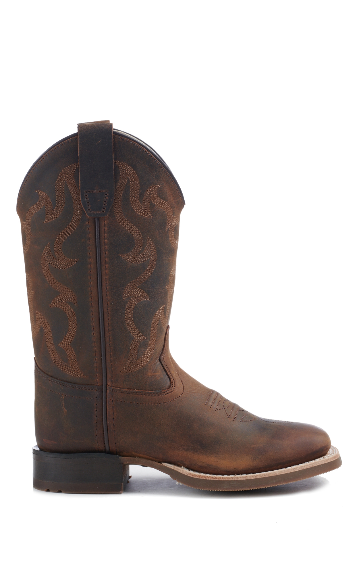 Old West Kids Distressed Brown Square Toe Boots - Image 1