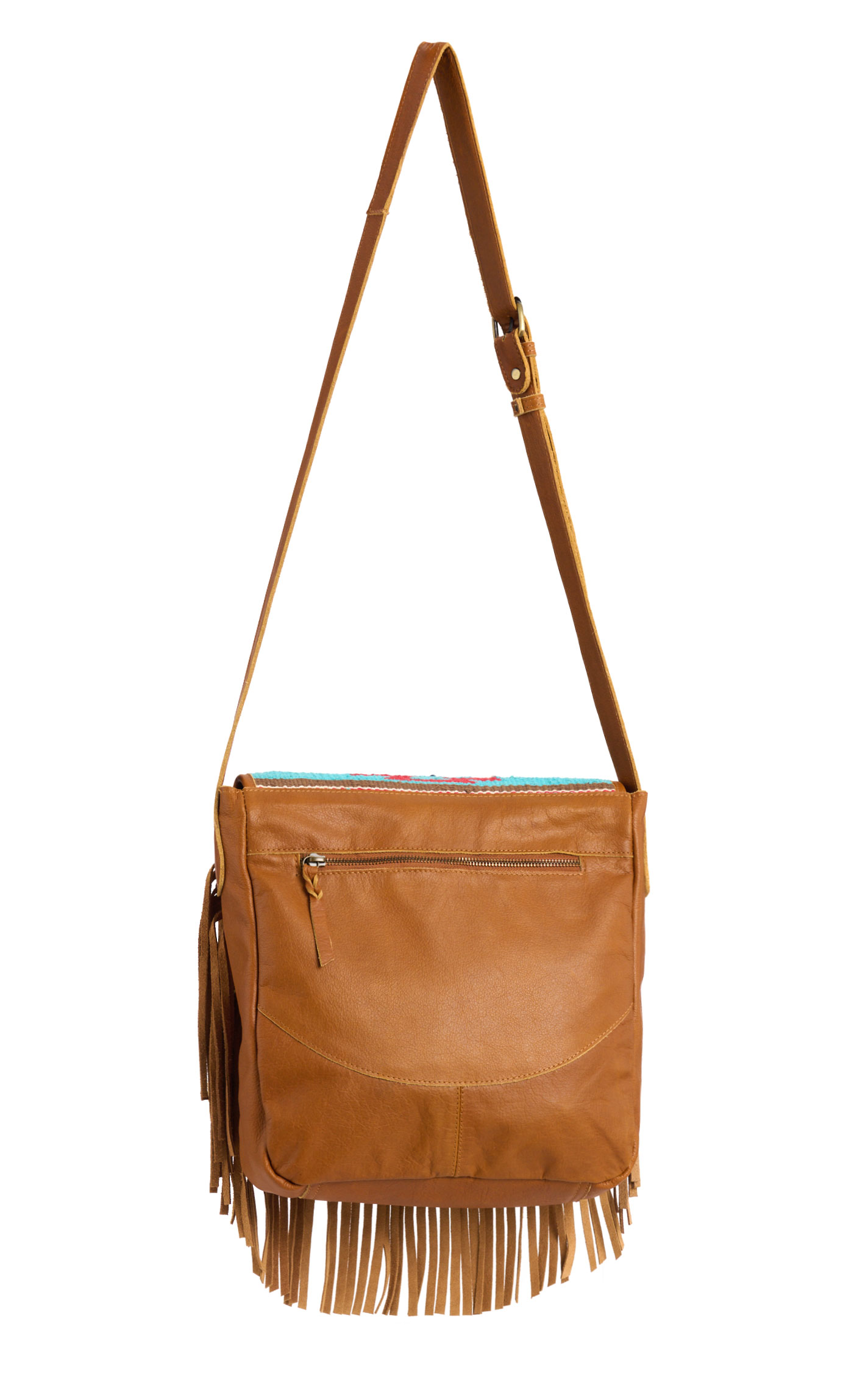 Montana Clothing Co. Tan & Turquoise Aztec Crossbody Saddle Bag - Image 1