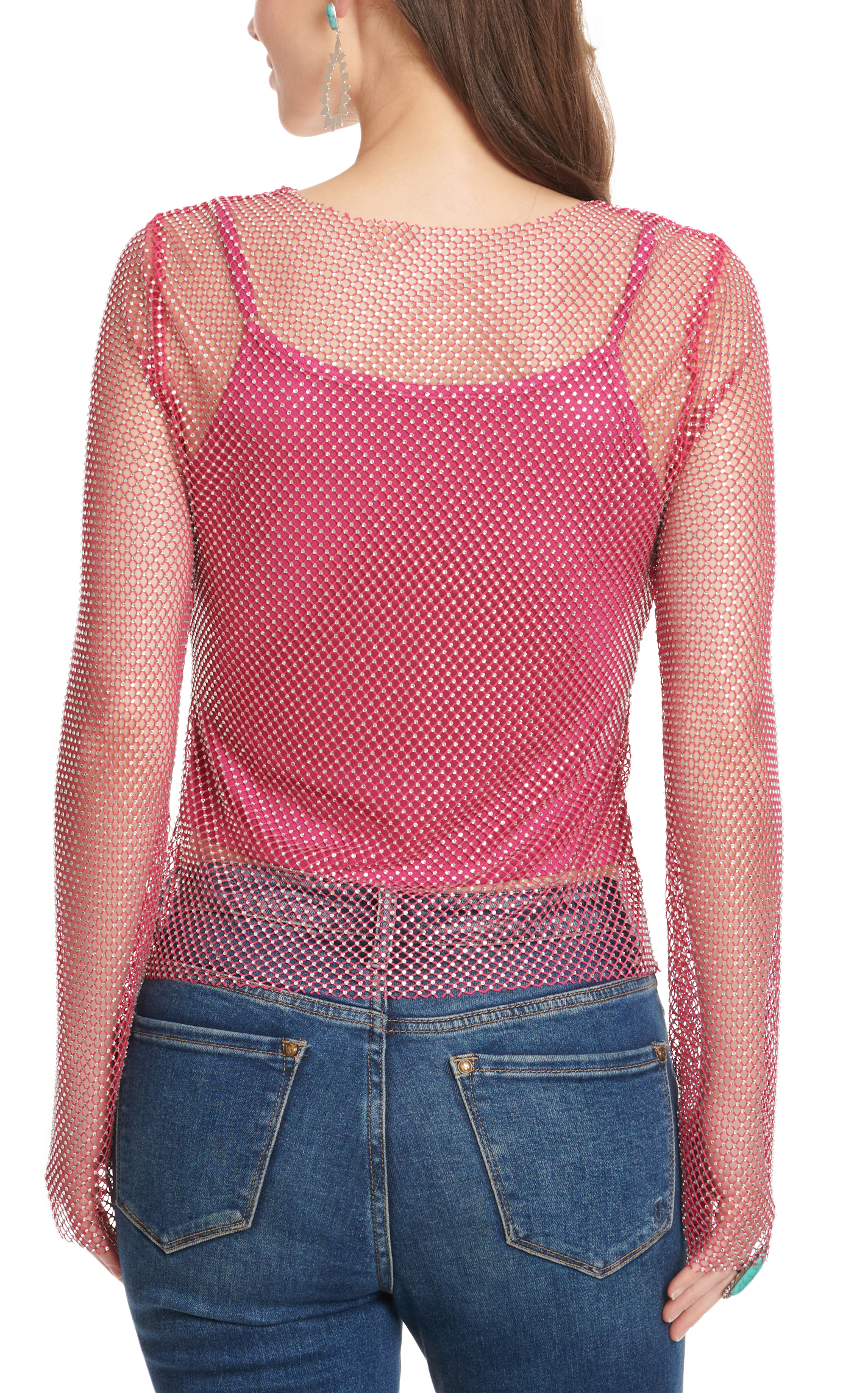 Blue B Women's Hot Pink Mesh & Bling Long Sleeve Top - Image 1