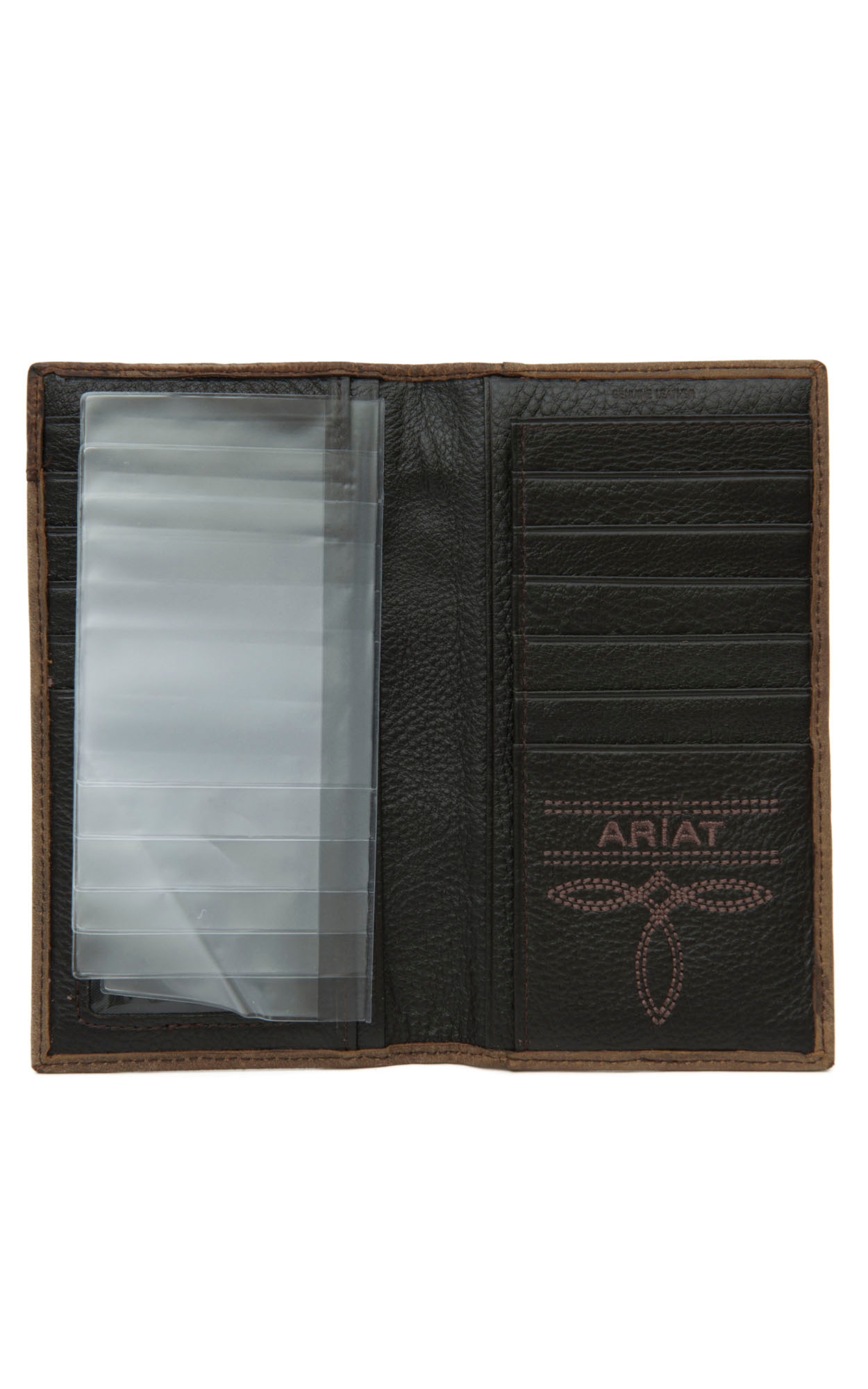 Ariat Distressed Brown with Dark Brown Perforated Overlay with Shield Leather Checkbook / Rodeo Wallet - Image 1