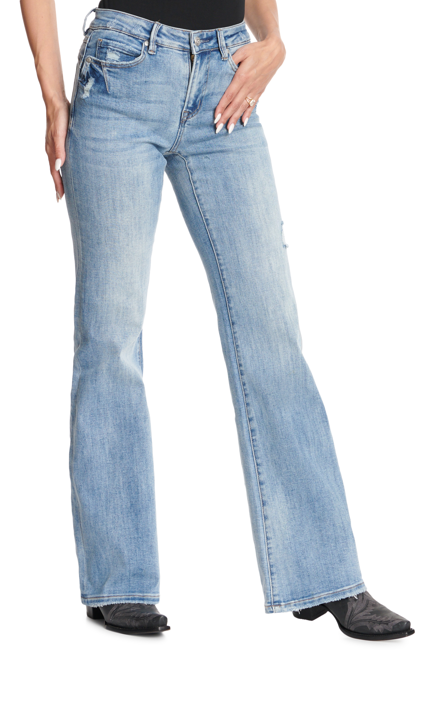 Rockin' C Women's Medium Wash Mid Rise Lightly Dart Pocket Distressed Flare Leg Jeans - Image 1