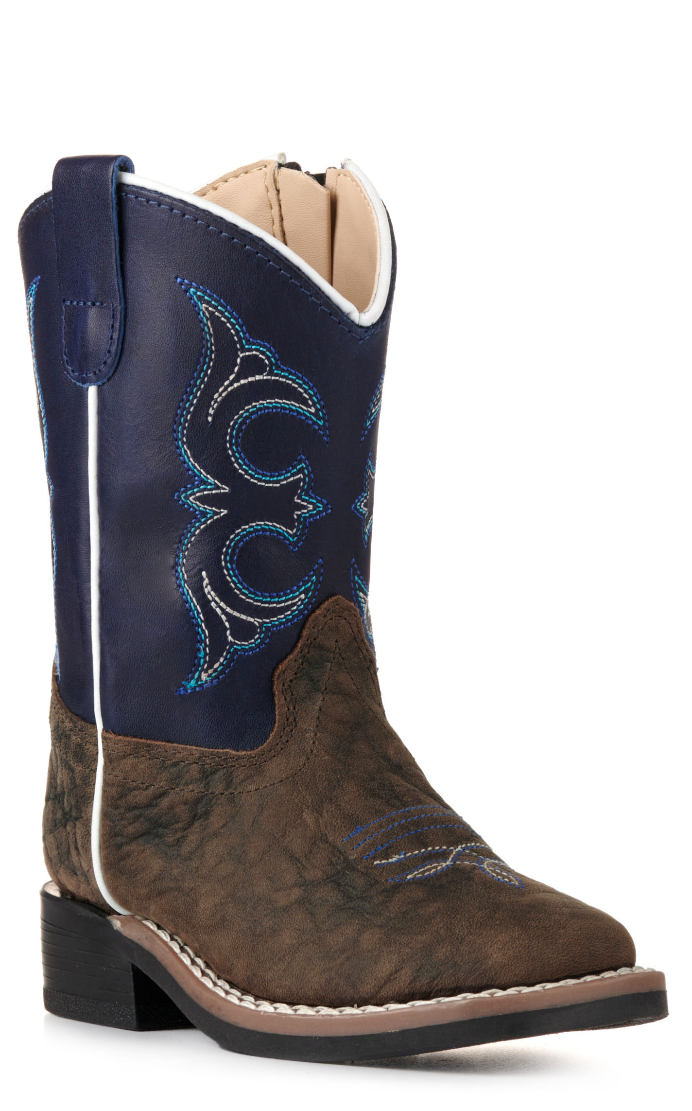 Old West Toddler Dark Brown and Blue Wide Square Toe Cowboy Boots - Image 1