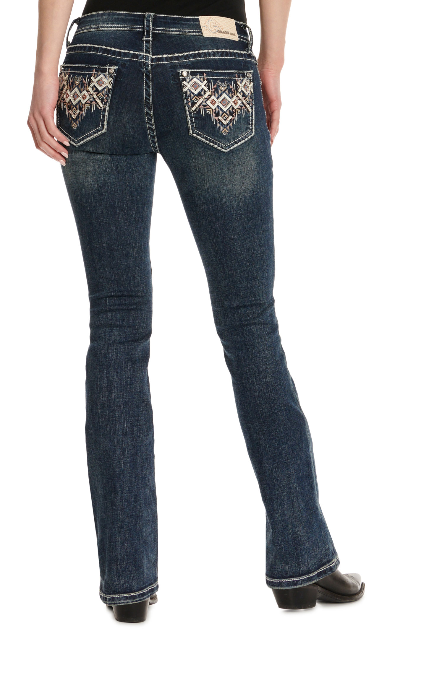 Grace in LA Women's Medium Wash Diamond Aztec Pocket Easy Fit Boot Cut Jeans - 32\