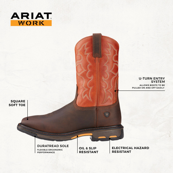 Ariat Men's WorkHog Earth Brown and Brick Orange Wide Square Toe Work Boots - Image 1