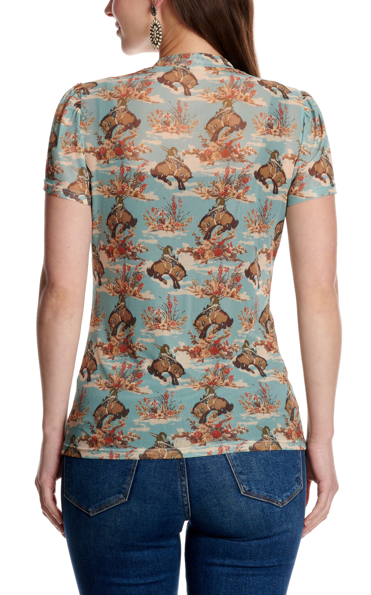 Merigold Kiss Women's Turquoise Western Print Mesh Top - Image 1