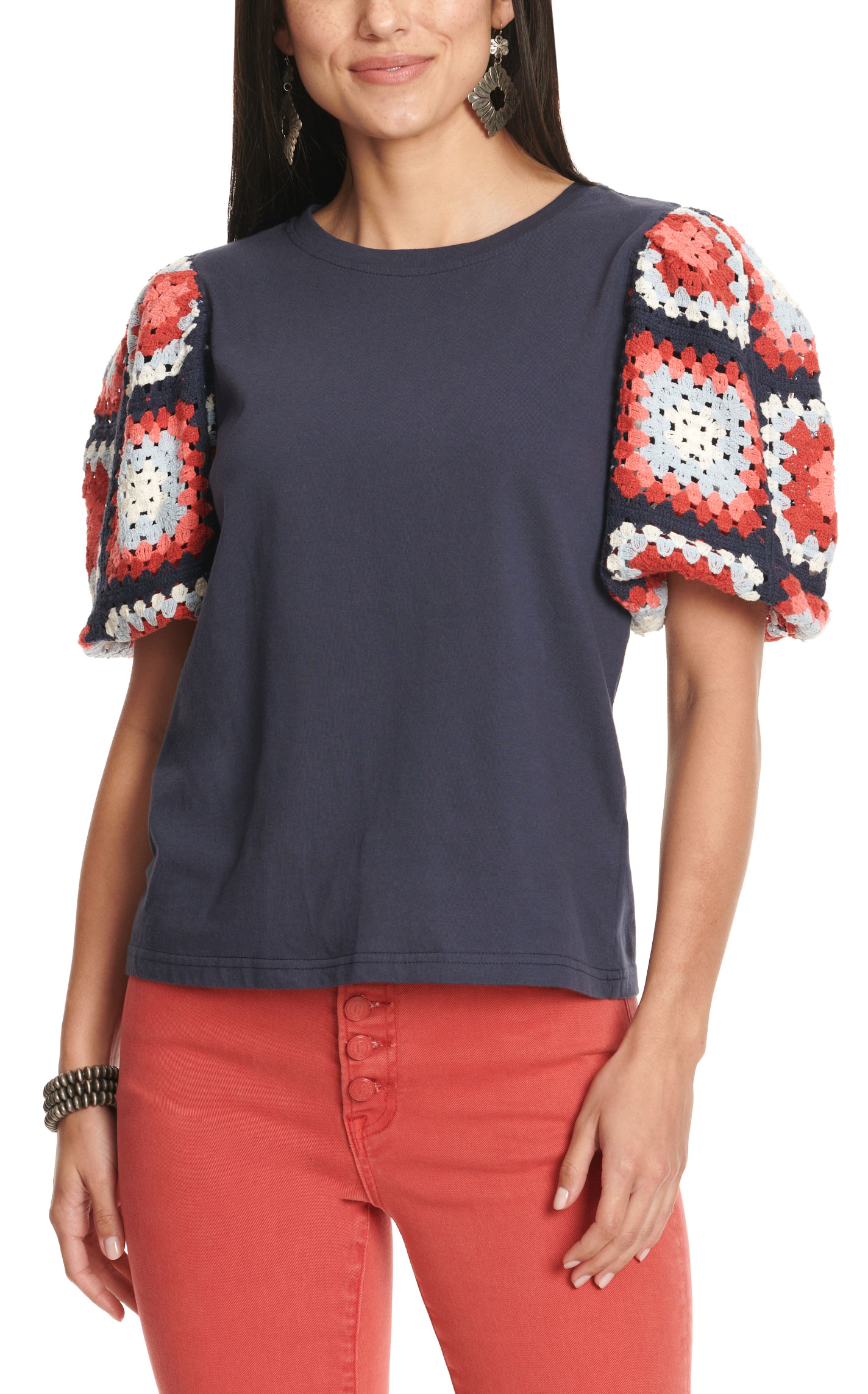 Rockin' C Women's Navy with Red and White Crochet Sleeve Top - Image 1