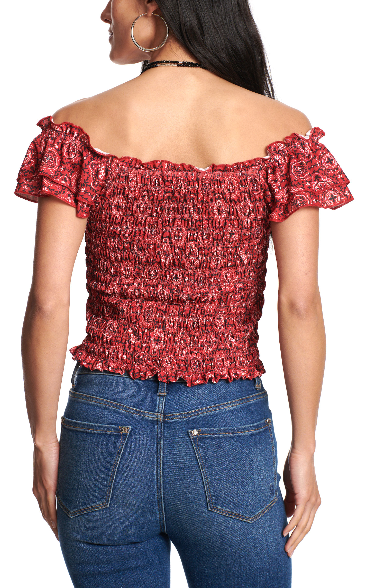 Cowgirl Hardware Women’s Red Bandana Ruffle Smock Off the Shoulder Top - Image 1