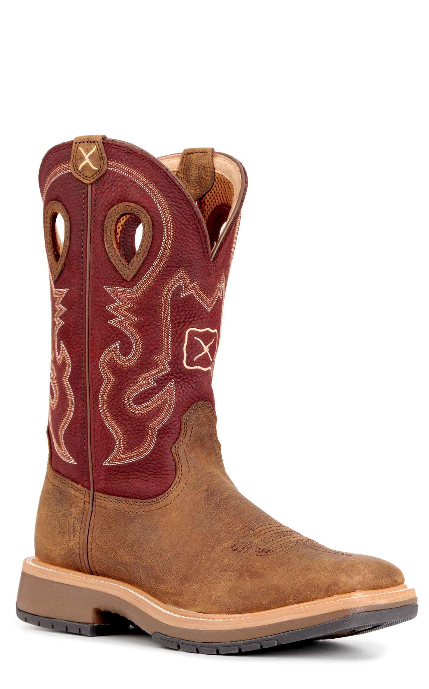 Twisted X Men's Horseman Brown and Burgundy Wide Square Toe Work Boots - Image 1