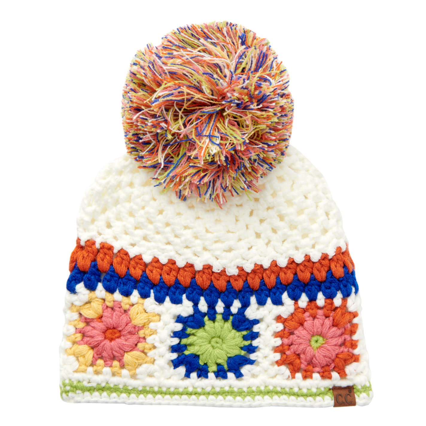 Girlie Girl White & Flowers Pom-Pom Crochet Beanie - Image 1