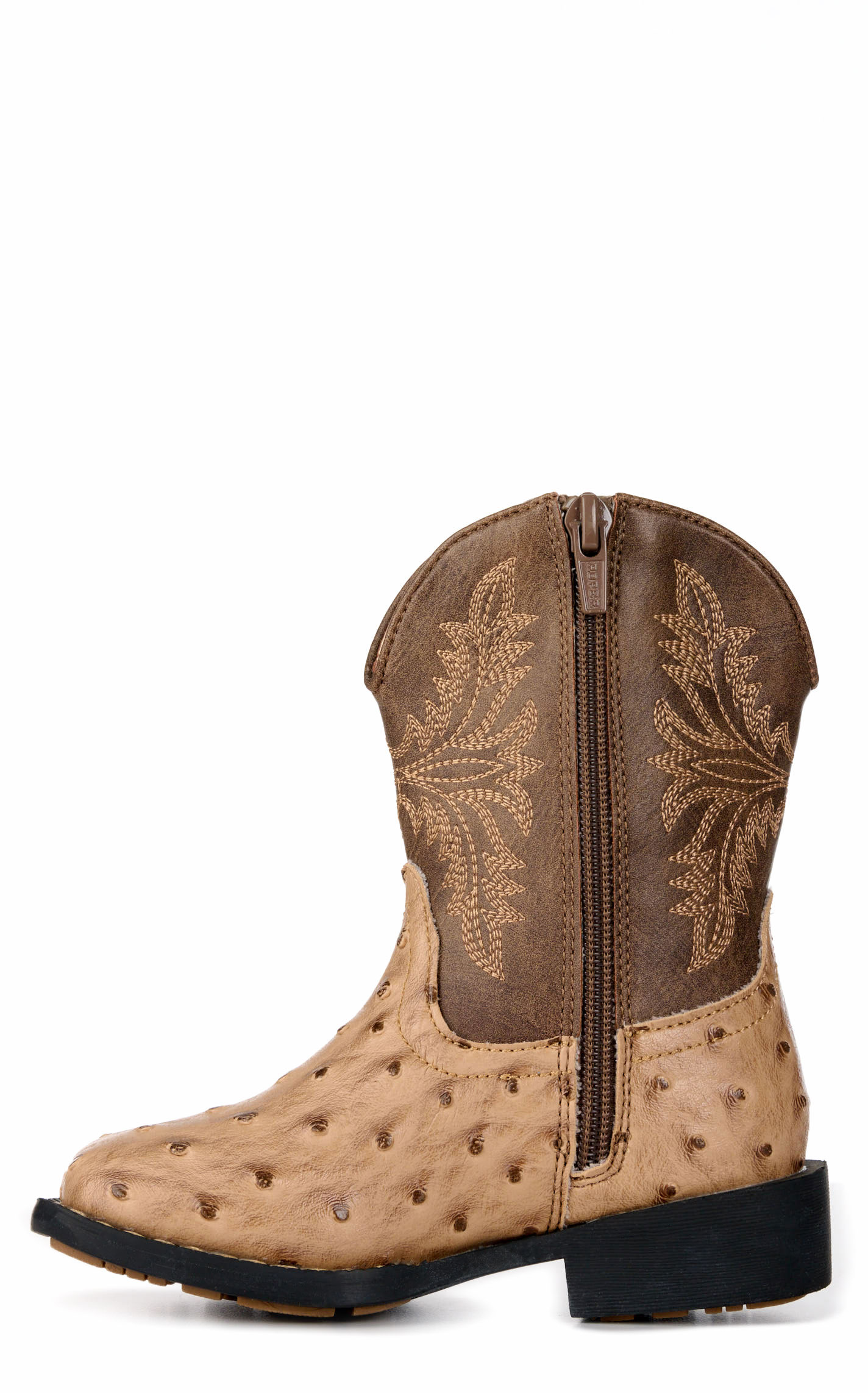 Roper Toddler's Jed Brown and Tan Ostrich Print Faux Leather Square Toe Boots - Image 1