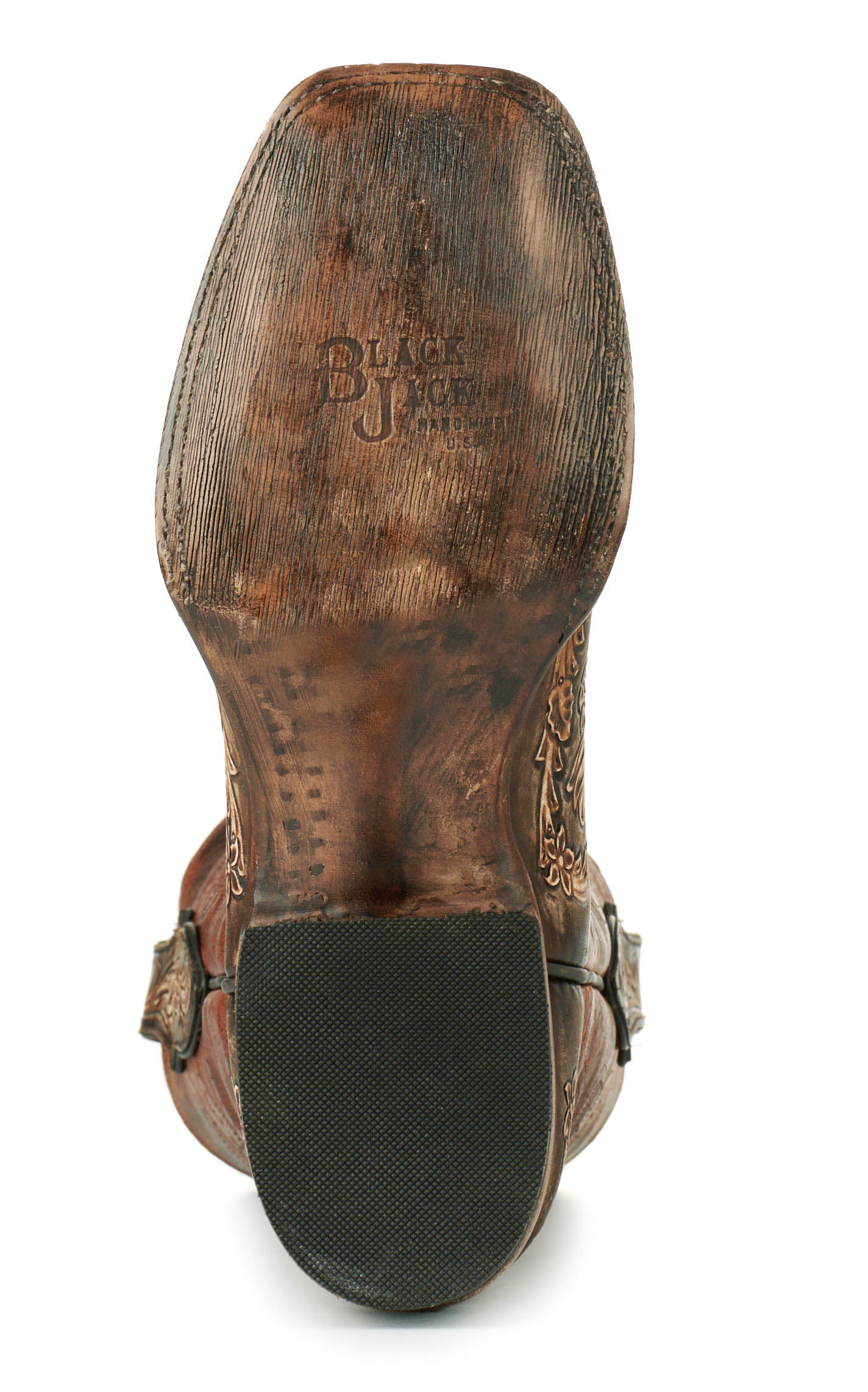 Black Jack Men's Brandy and Antique Brown Hand Tooled Wide Square Toe Cowboy Boots - Image 1