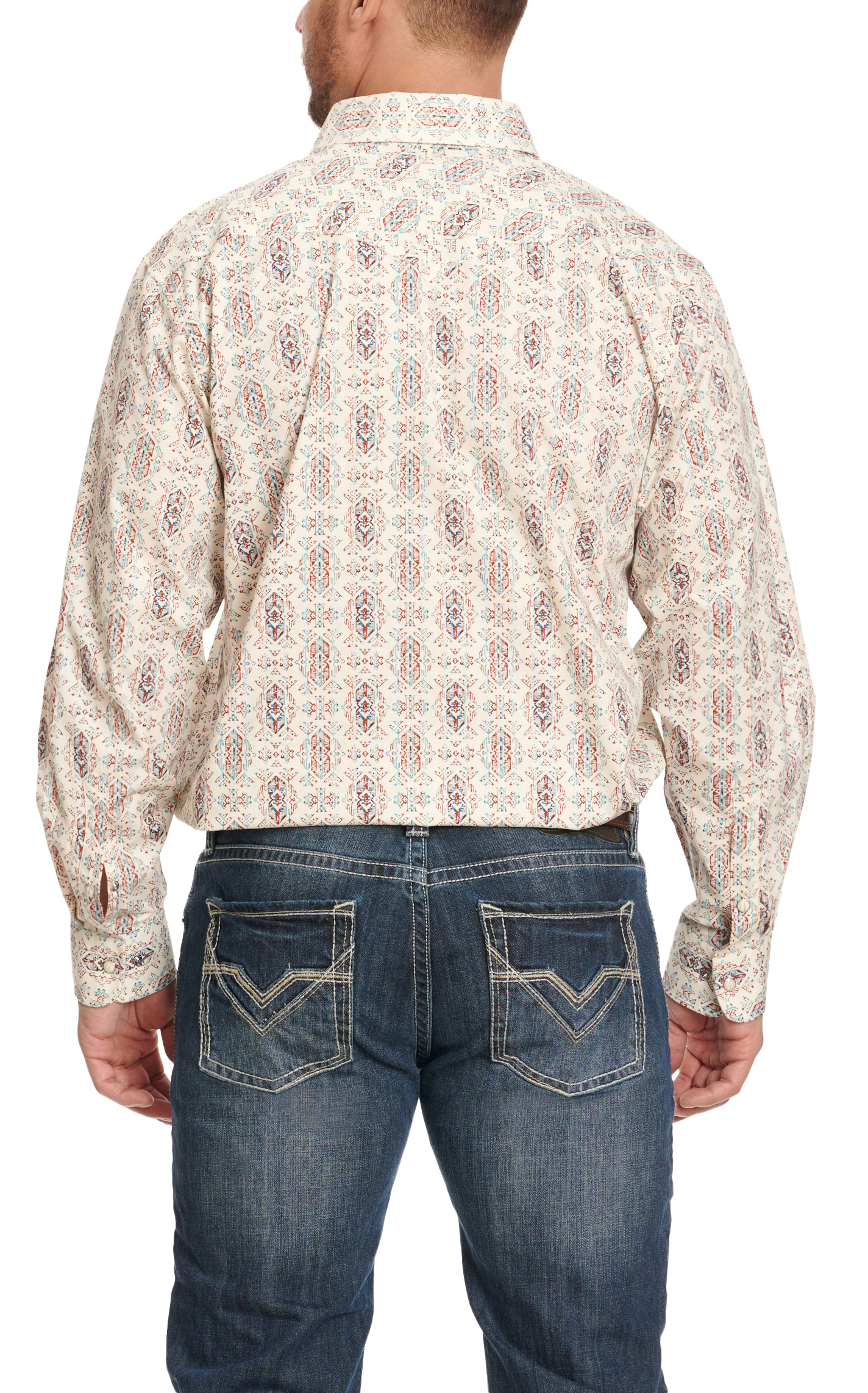 Panhandle Men's Latte Turquoise & Rust Aztec Print Long Sleeve Western Shirt - Image 1