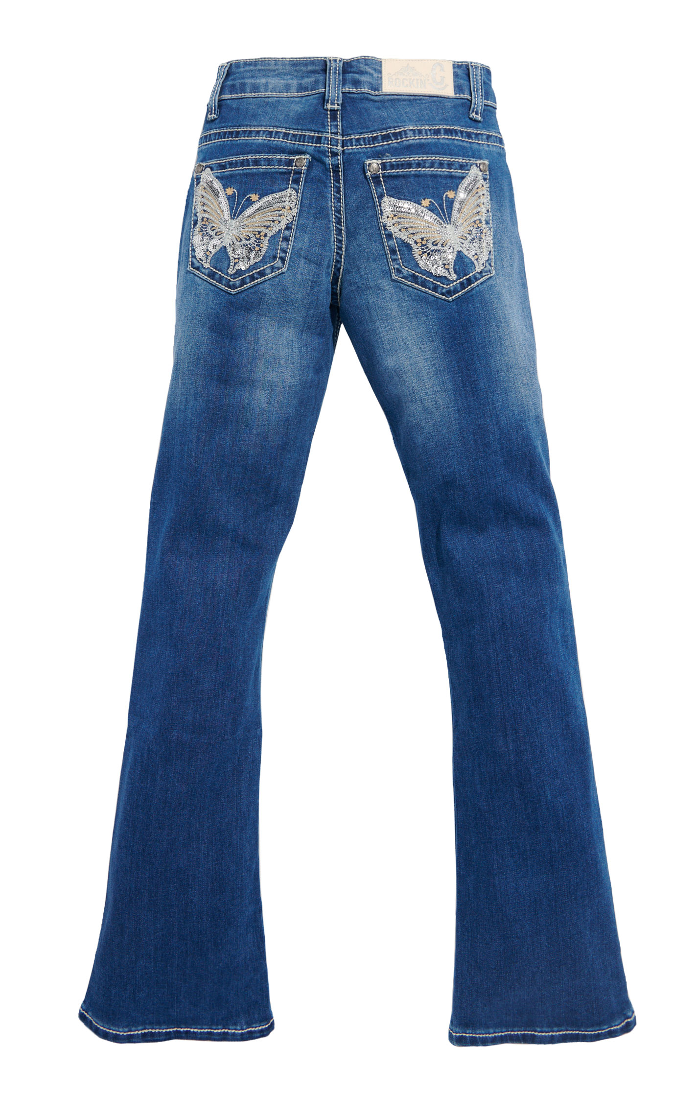 Rockin' C Girls’ Medium Wash Sequin Butterfly Bootcut Jeans - Image 1